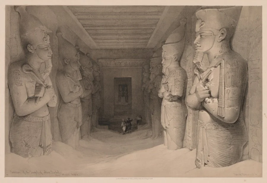 Egypt and Nubia:  Volume I - No. 14, Interior of the Temple Aboo Simbel, by Louis Haghe, 1836