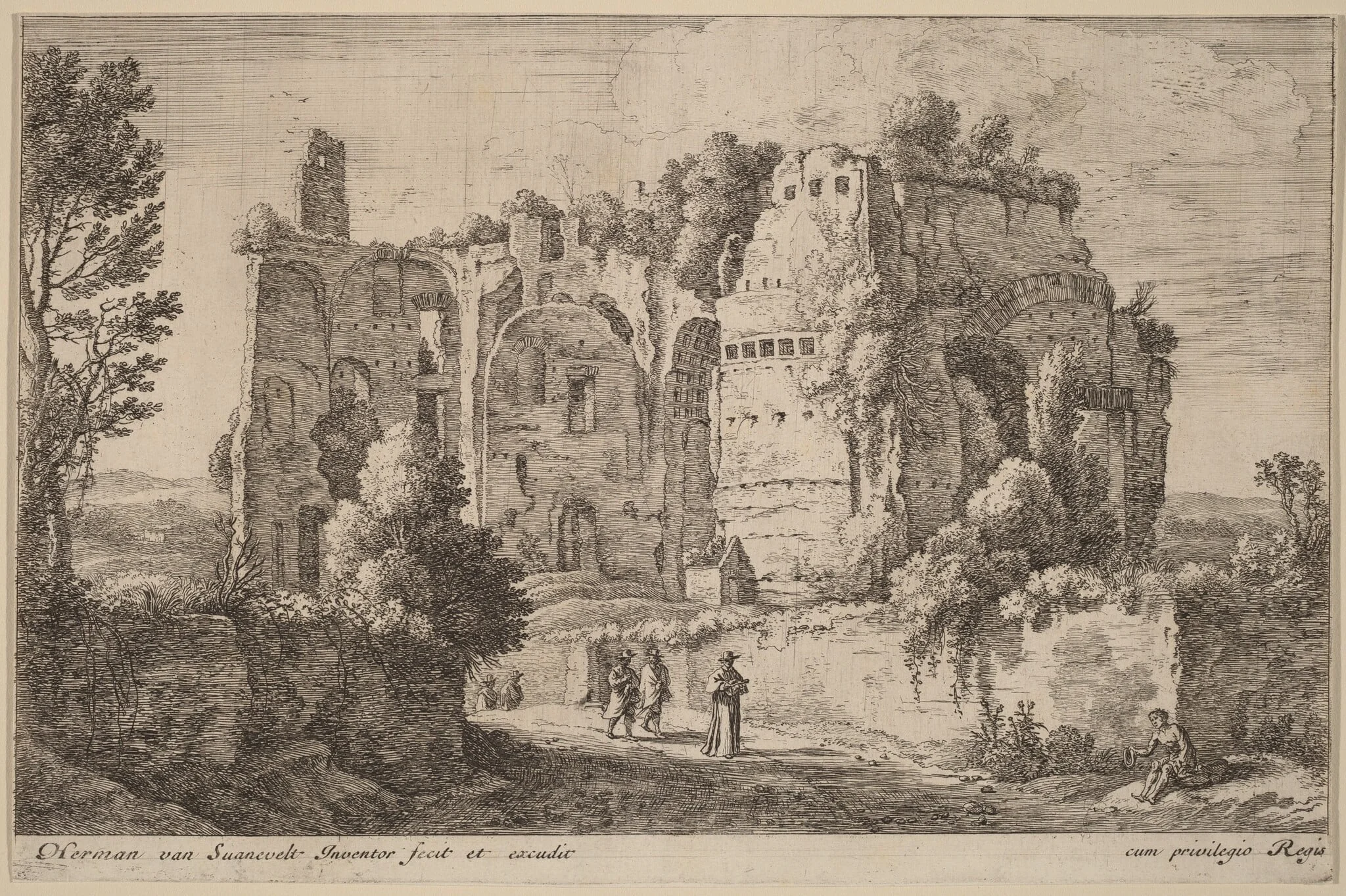 Landscape with the Cardinal, by Herman van Swanevelt, ink, 1628