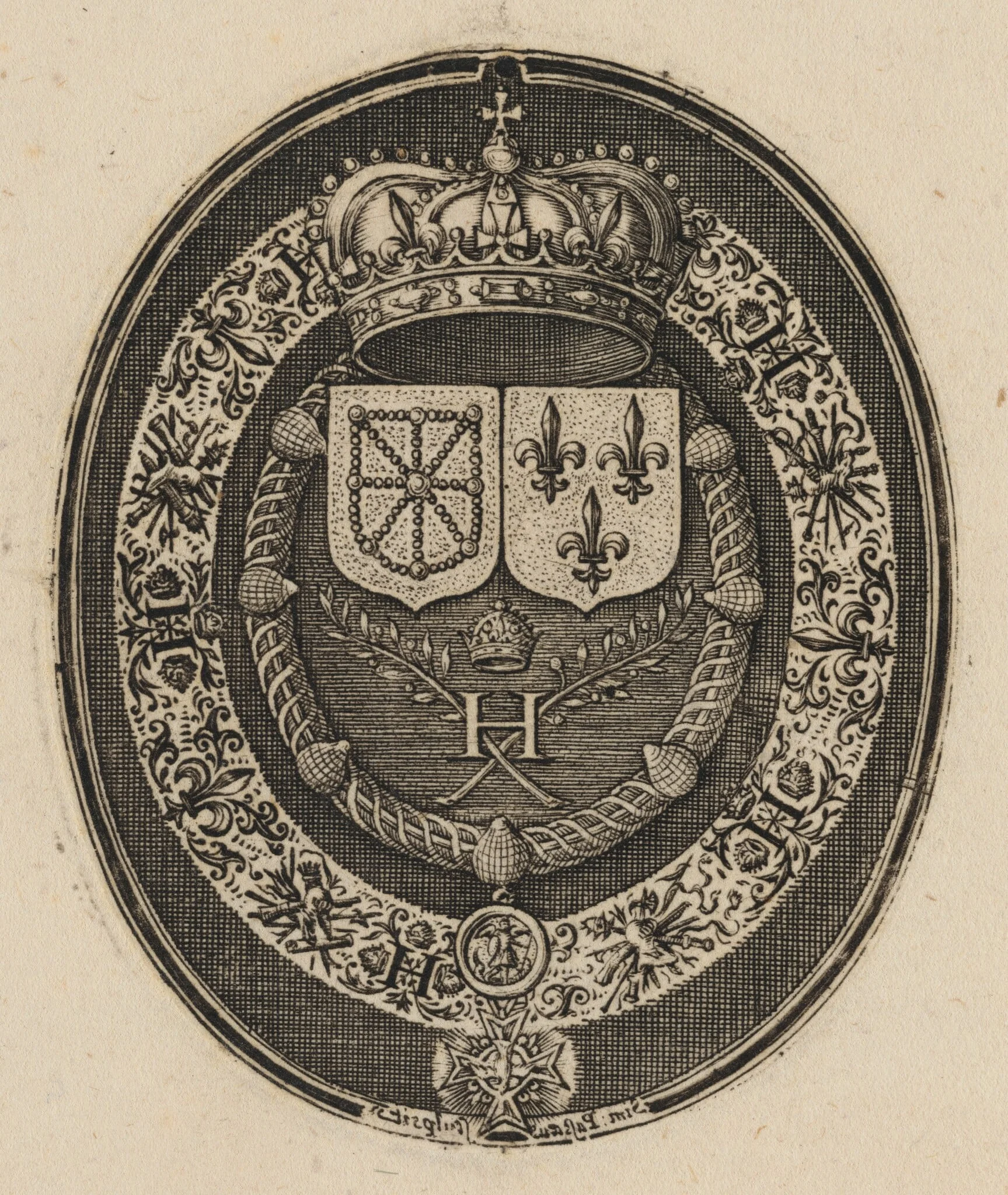 Shields of Henry IV and Maria de Medici [left half], by Simon van de Passe, ink, 1621