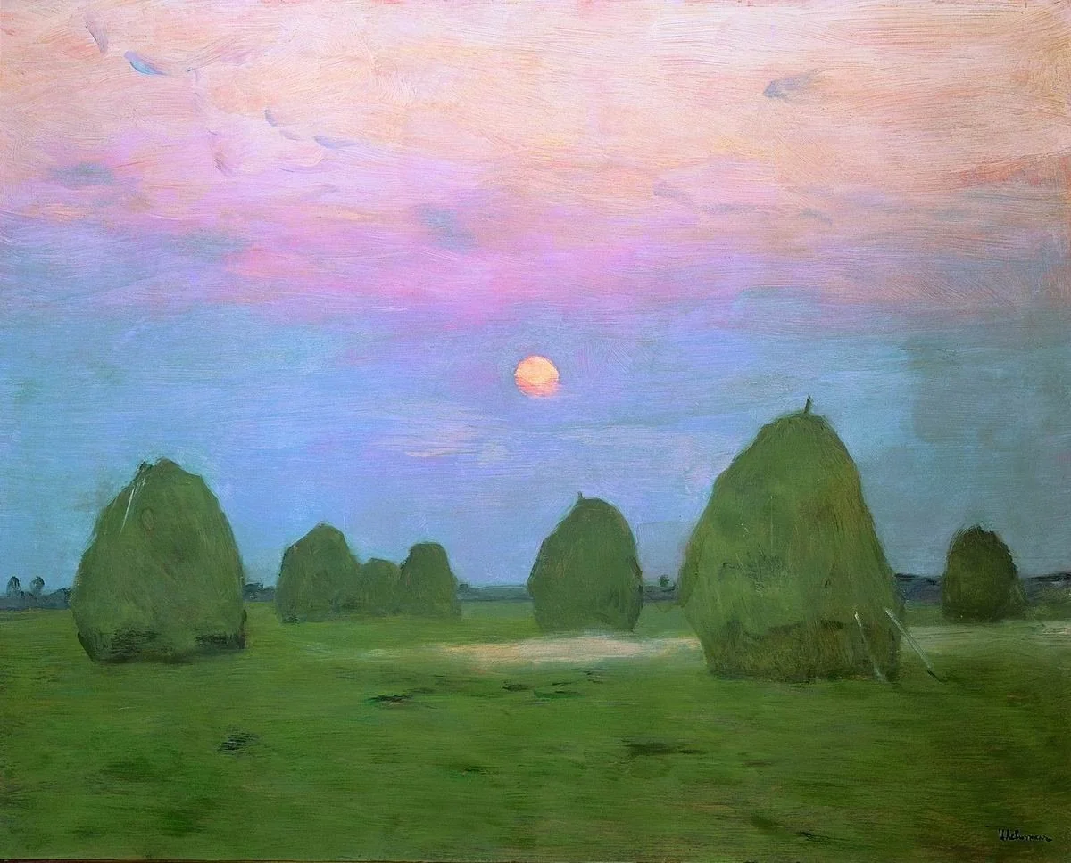 Dusk. Haystacks, by Isaac Levitan, oil, 1900