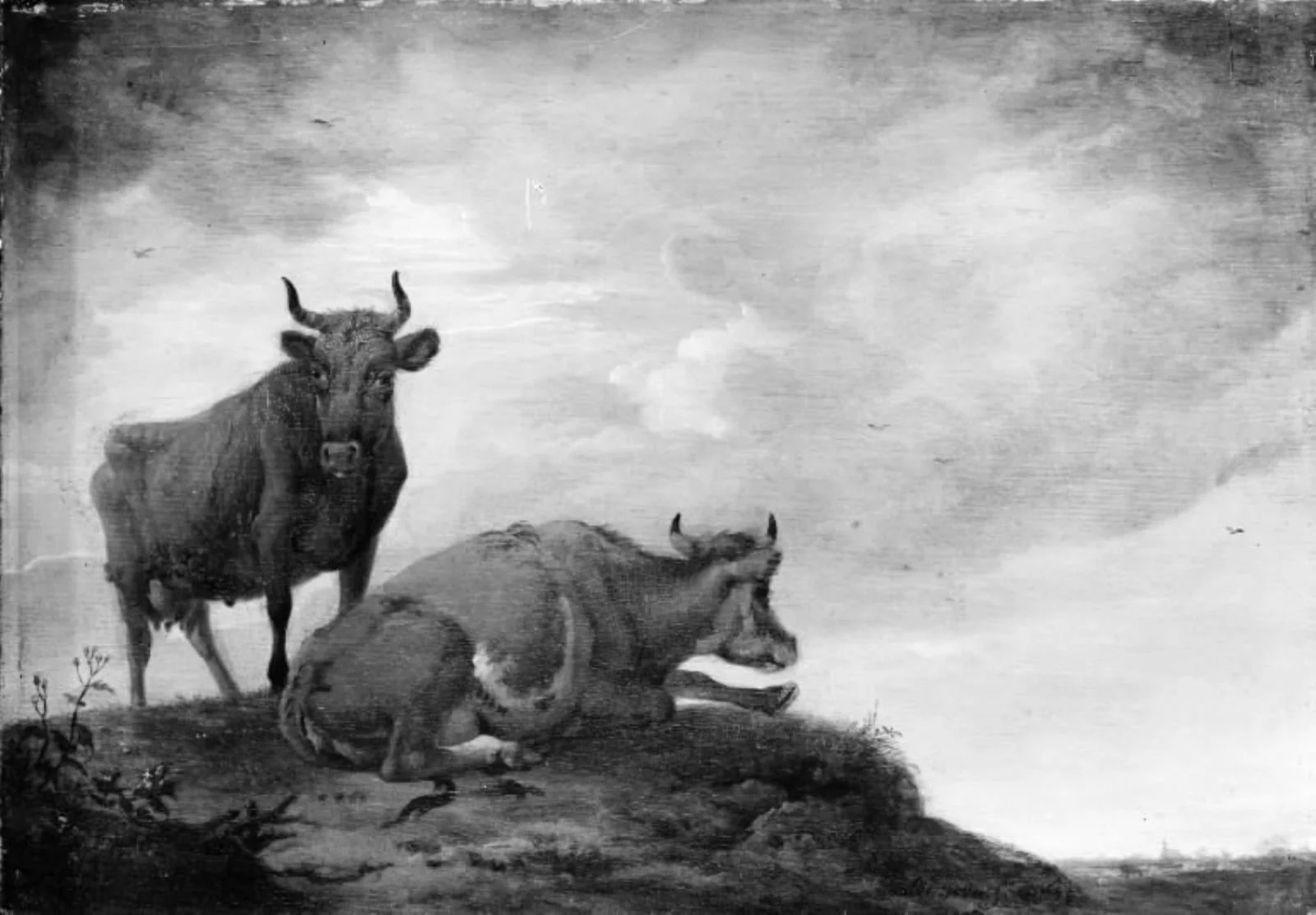 Two Cows on a Hill, by Unknown, 1648