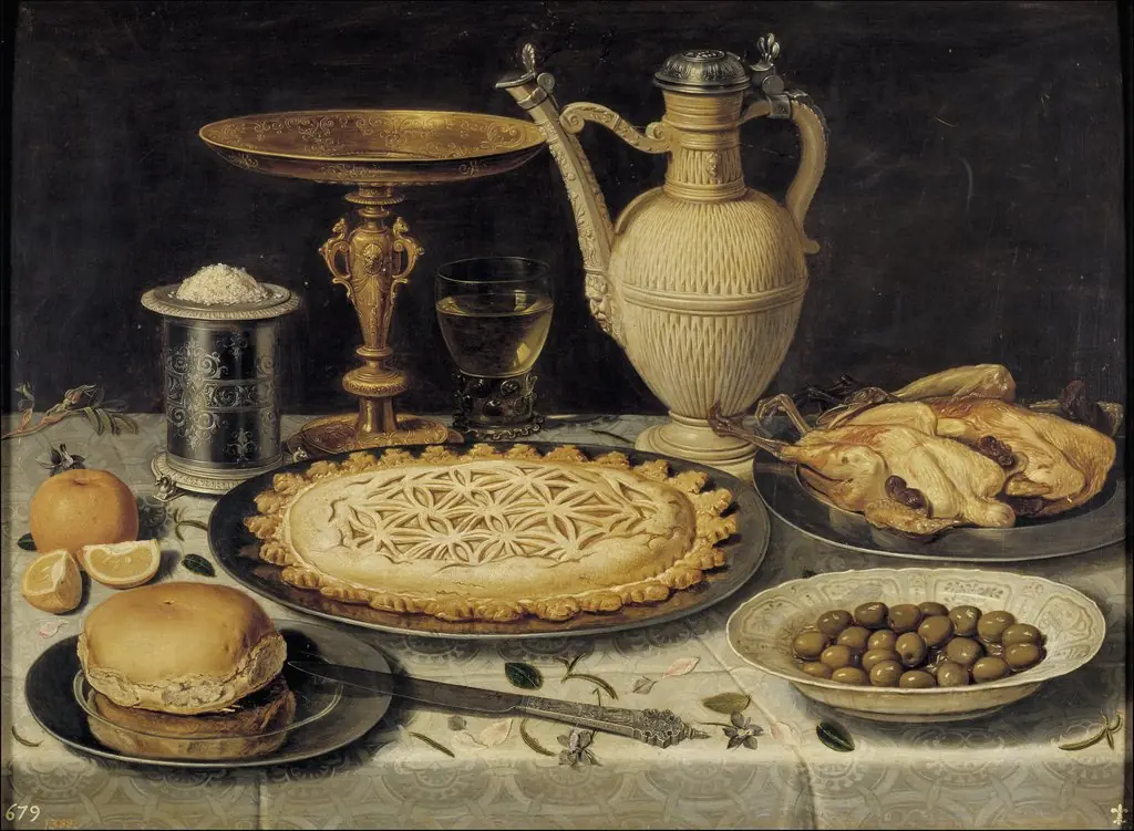 Still life with tazza, stoneware jug, saltcellar and dainties