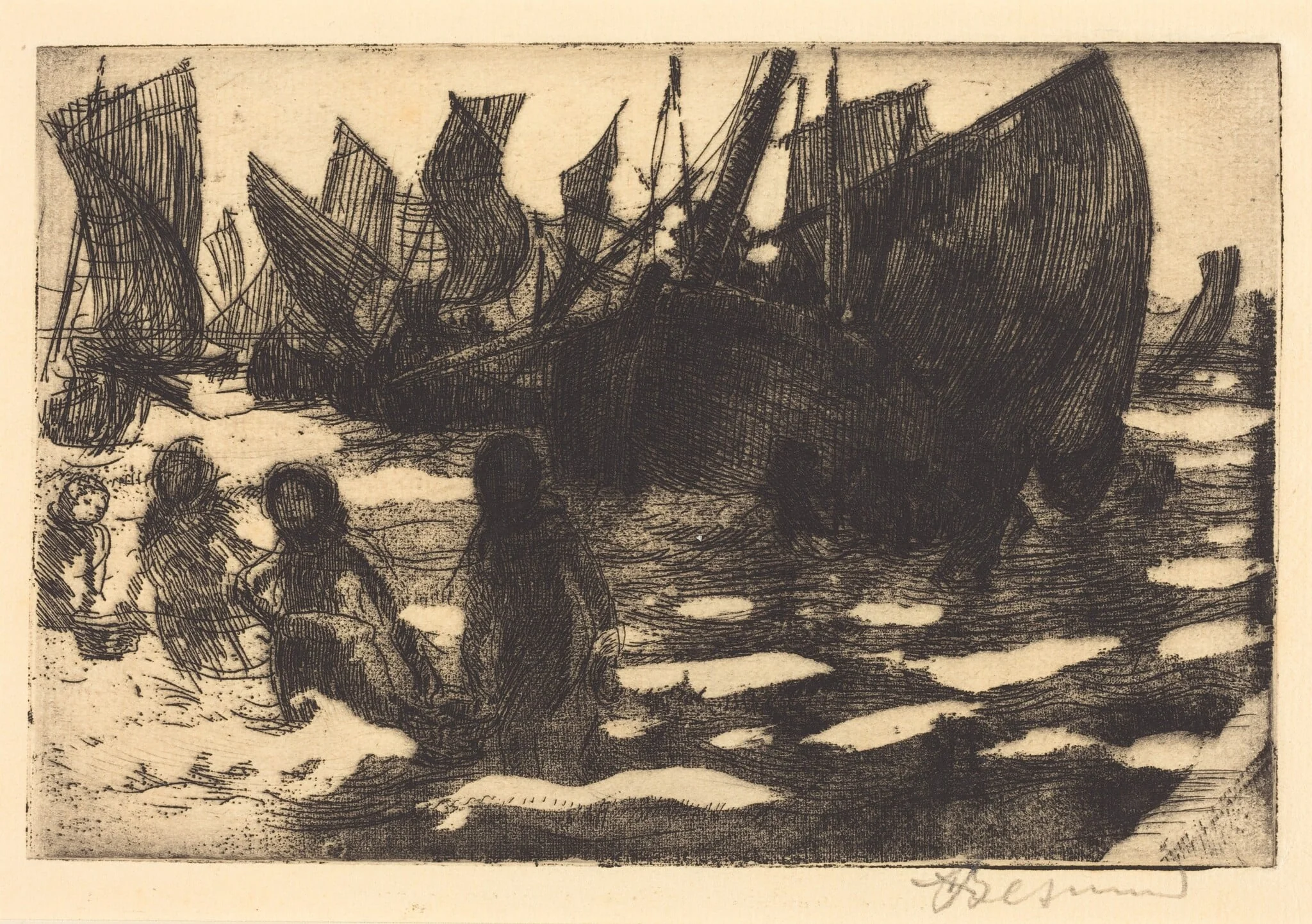 Small Fishing Boats of Berck (Petites Pêcheuses de Berck), by Paul-Albert Besnard, ink, 1897