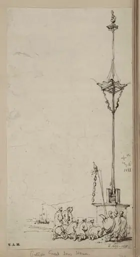 Kneeling figues by a temple mast, Macau