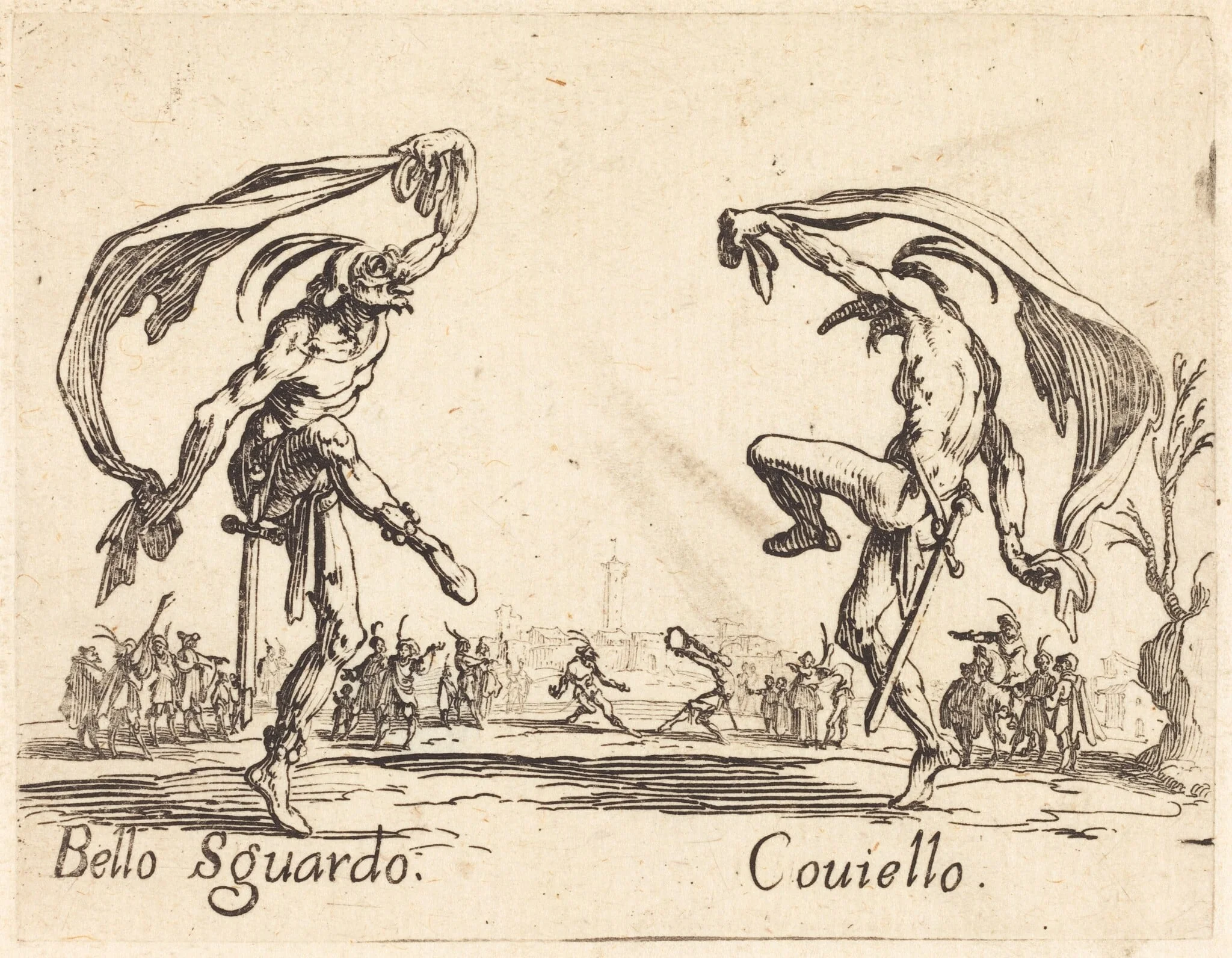 Bello Sguardo and Coviello, by Jacques Callot, ink, 1622