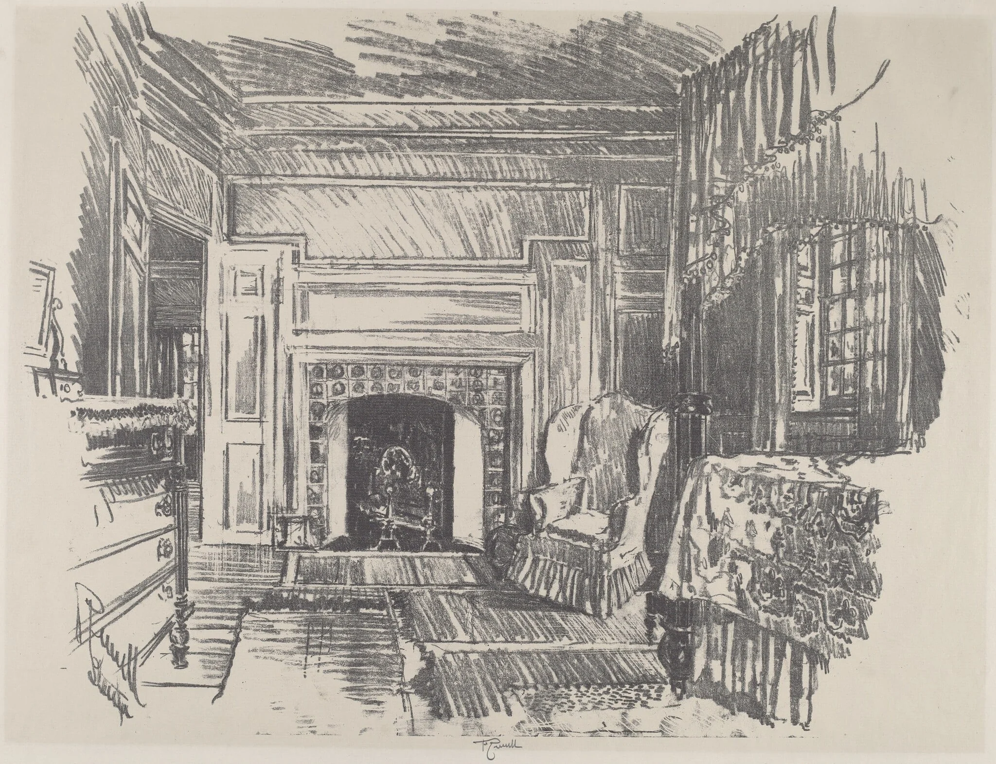 Bed Room, Stenton, by Joseph Pennell, ink, 1912