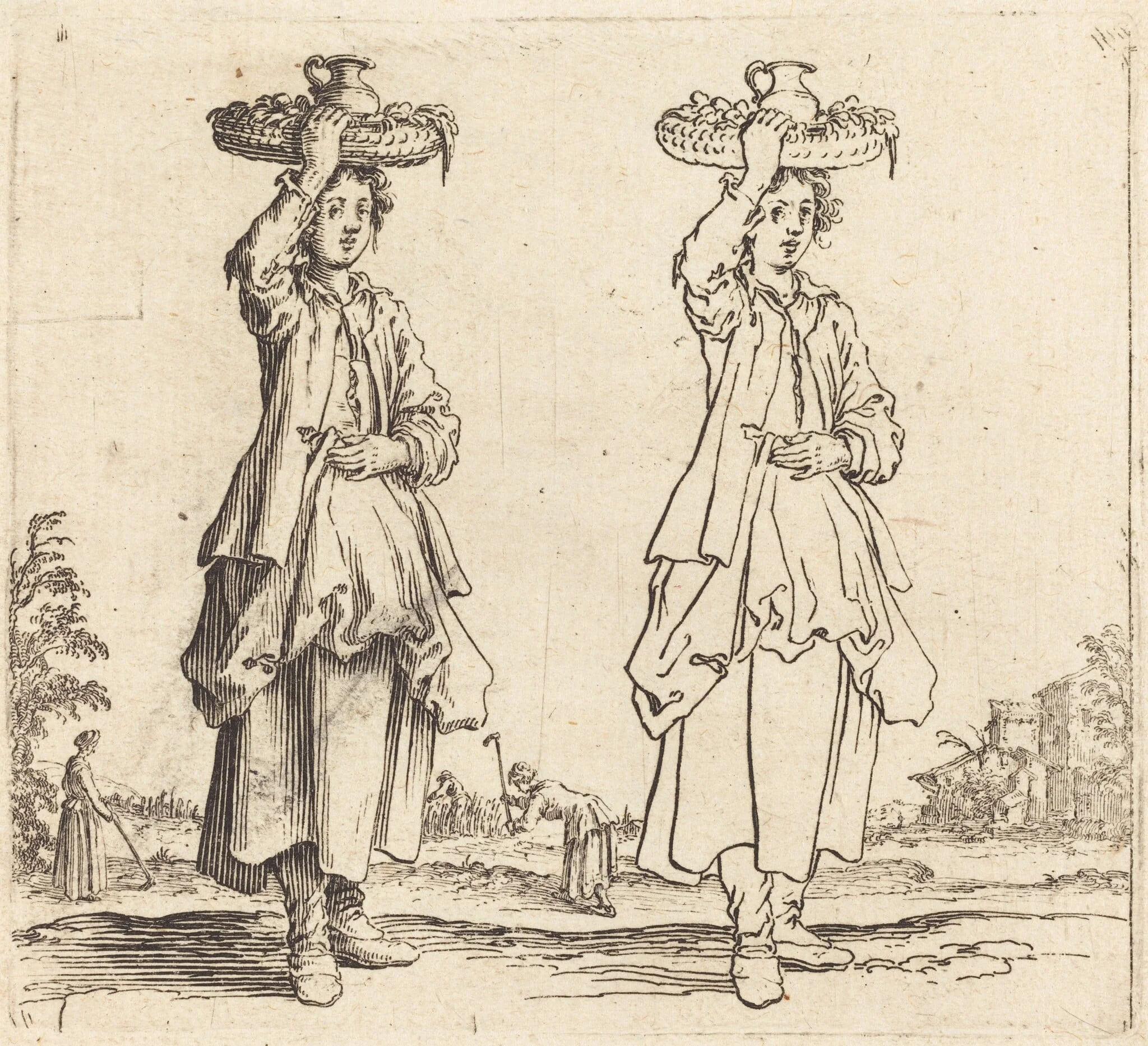Peasant Woman with Basket on Head, Front View, by Jacques Callot, ink, 1622