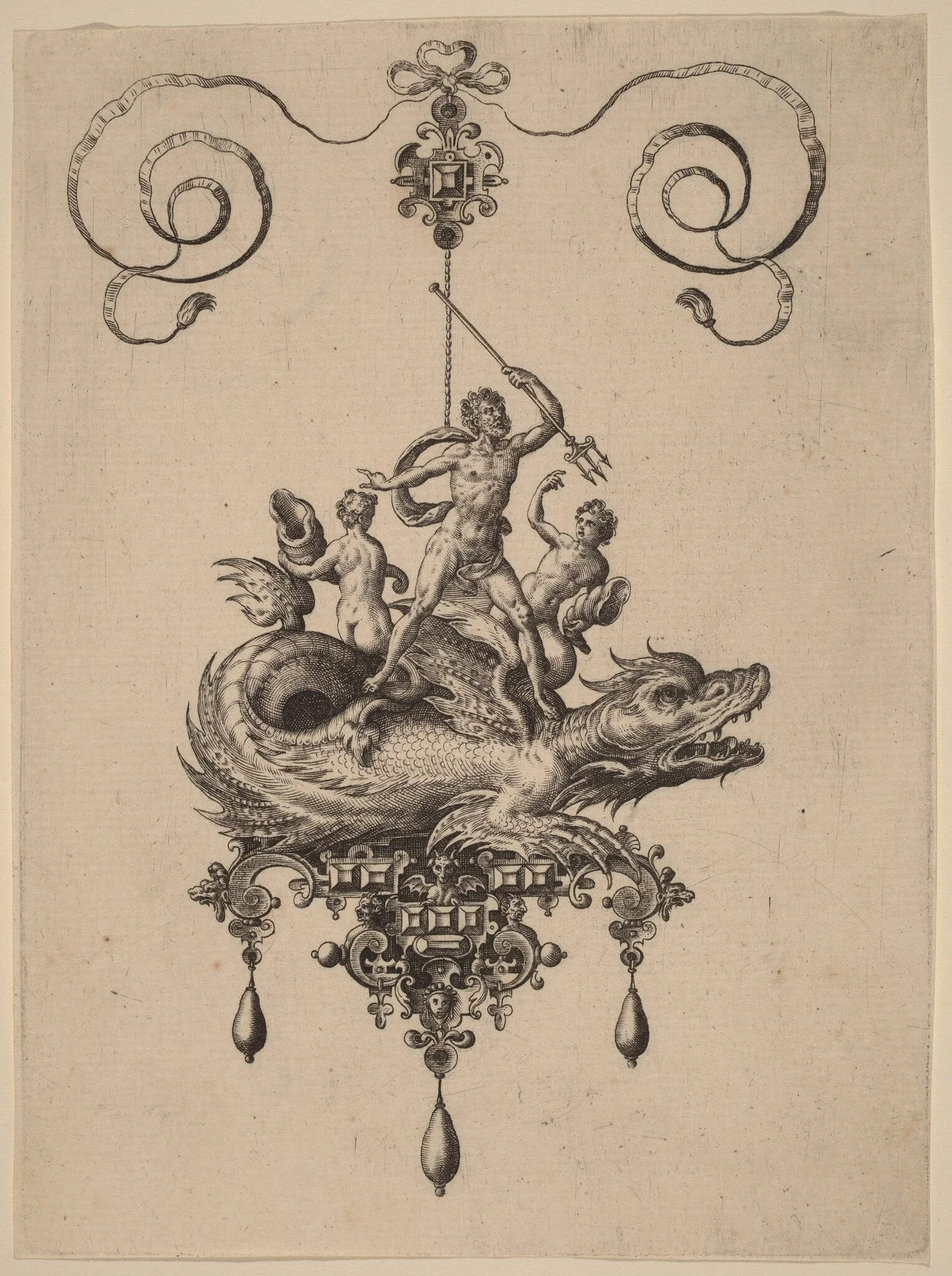 Design for a Pendant with a Sea-Monster Carrying Neptune Flanked by Two Figures, by Adriaen Collaert, ink, 1582