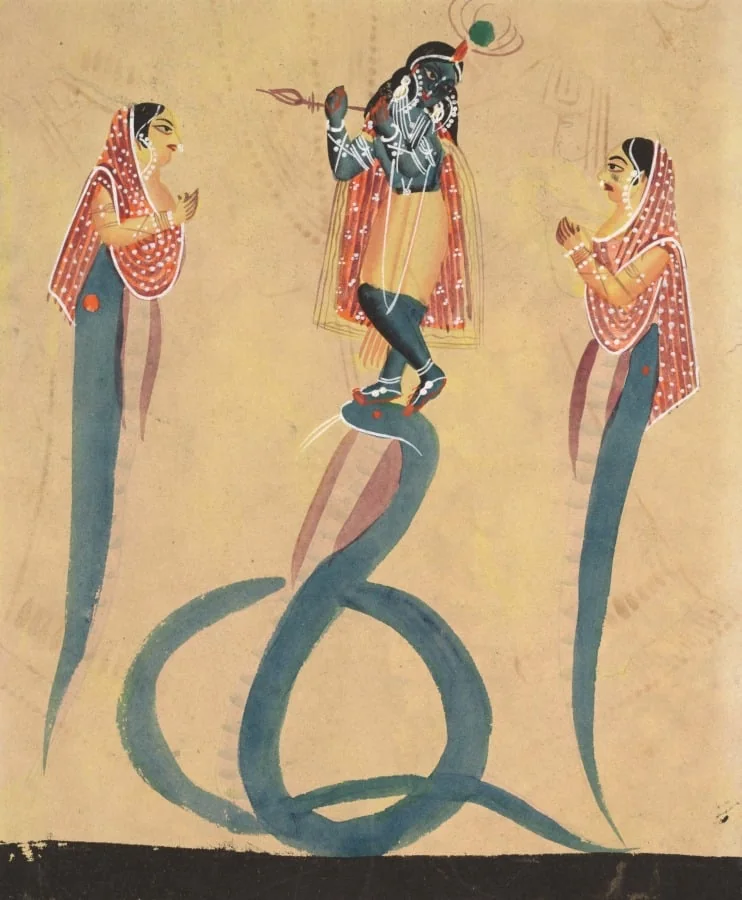 Krishna quells the serpent Kaliya (verso), from a Kalighat album, by Unknown, unspecified, 1890