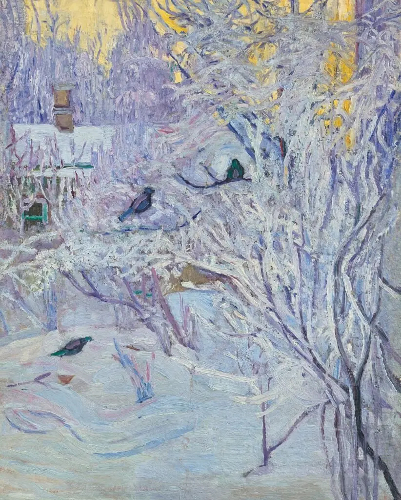 Corner of the House and Bullfinches on the Tree. Winter