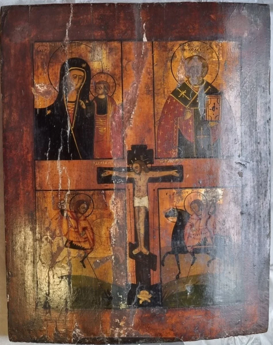 Răstignirea cu patru scene iconografice: 1) Maica Domnului cu Pruncul; 2) Sf. Nicolae; 3) Sf. Gheorghe; 4) Sf. Dumitru, by Unknown, 1850
