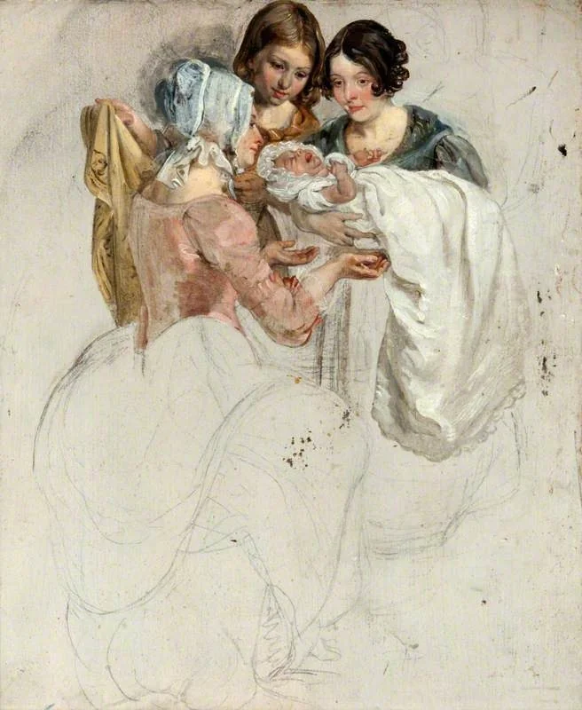 A Girl and Two Women, Standing and Holding a Baby (study for 'The Covenanters' Baptism'), by George Harvey, unspecified, 1830