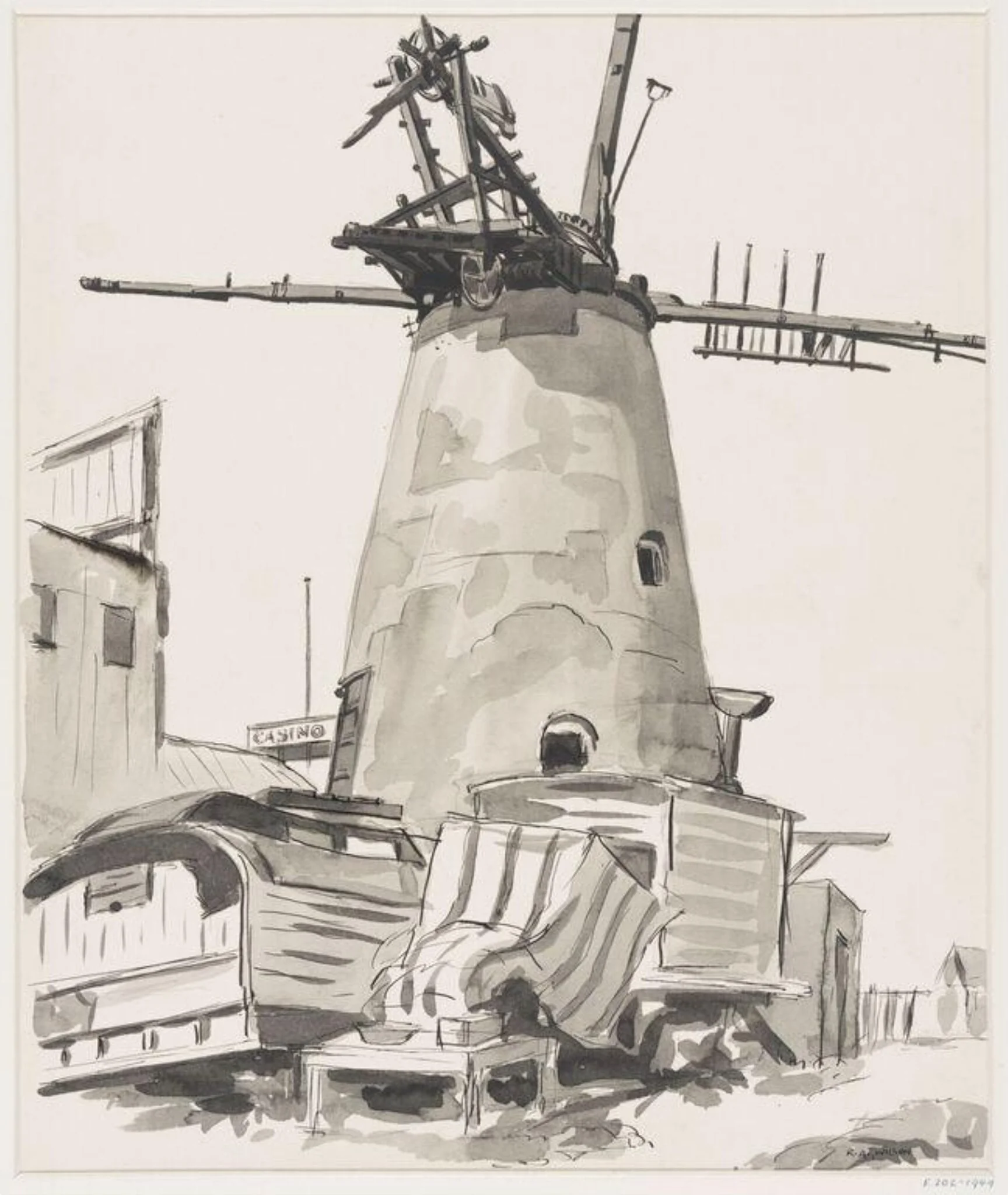 Gipsy Lee's caravan beside the derelict mill, Littlehampton., by Robert Arthur Wilson, 1930