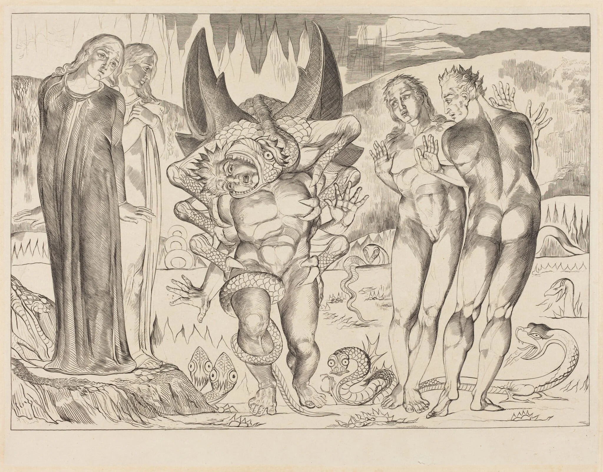 The Circle of the Thieves; Agnolo Brunelleschi Attacked by a Six-Footed Serpent, by William Blake, ink, 1827