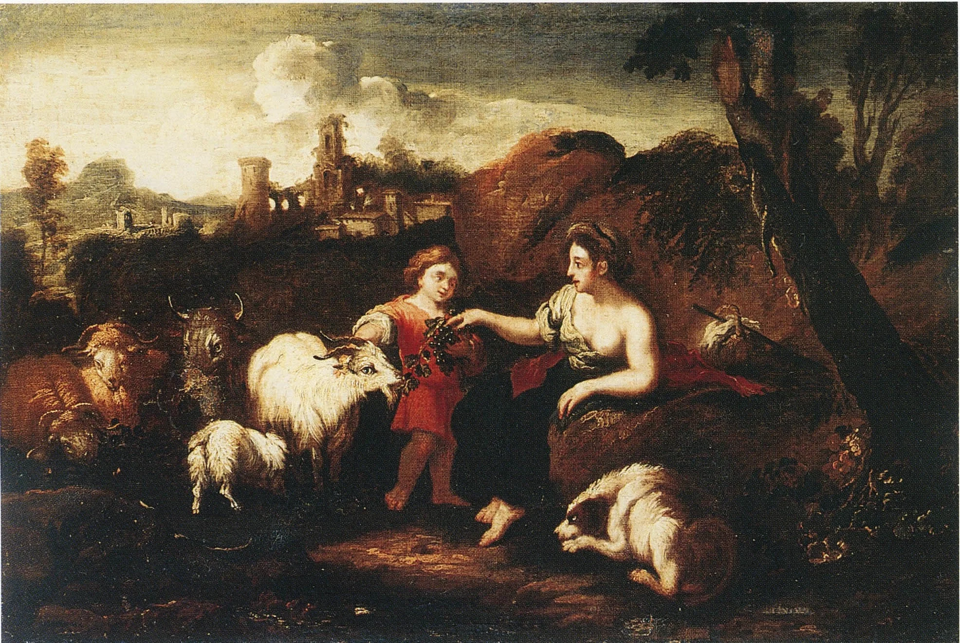 Landscape with figures and animals, by Philipp Peter Roos, oil, 1691