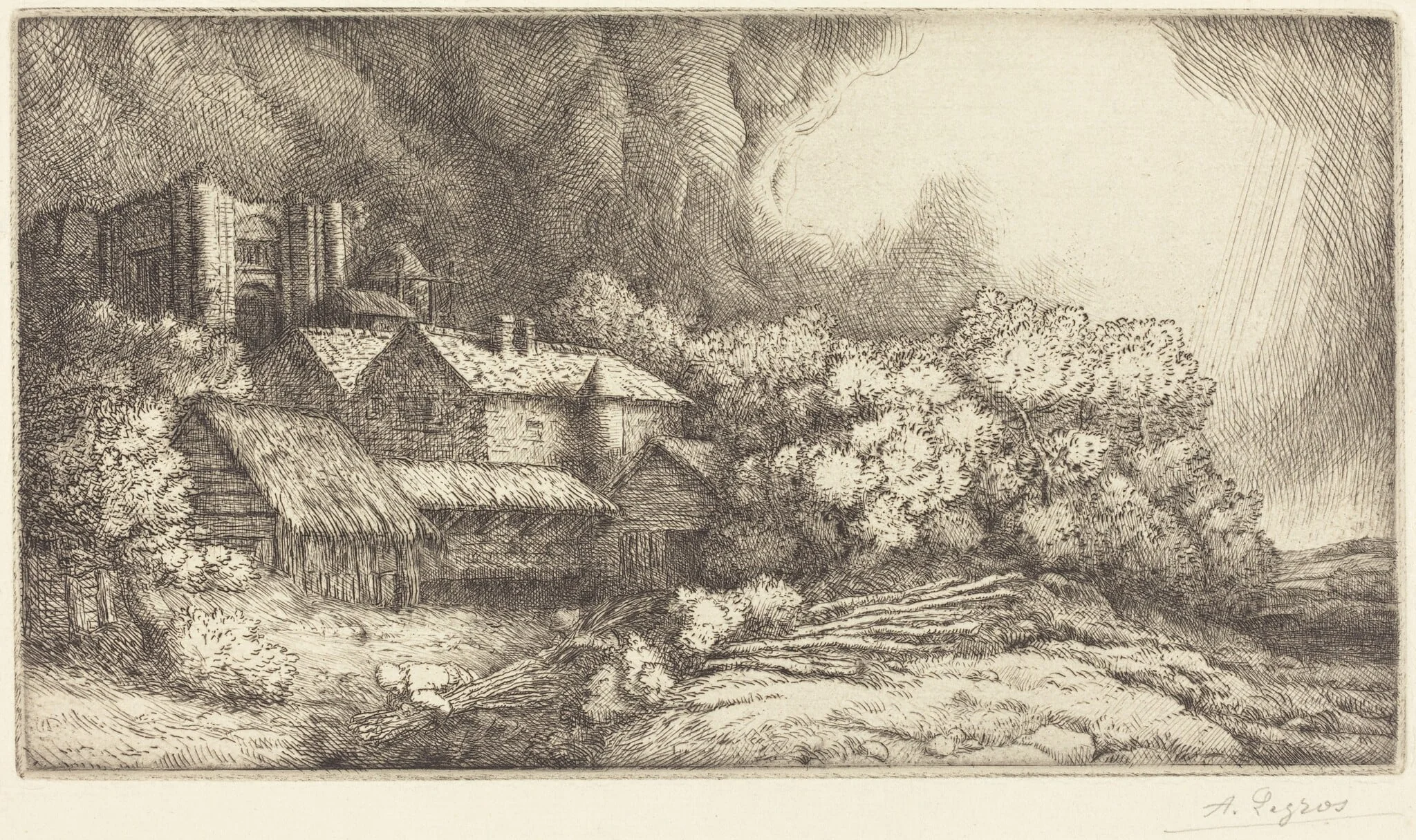 Farm at the Monastery (La ferme de l'abbaye), by Alphonse Legros, ink, 1874