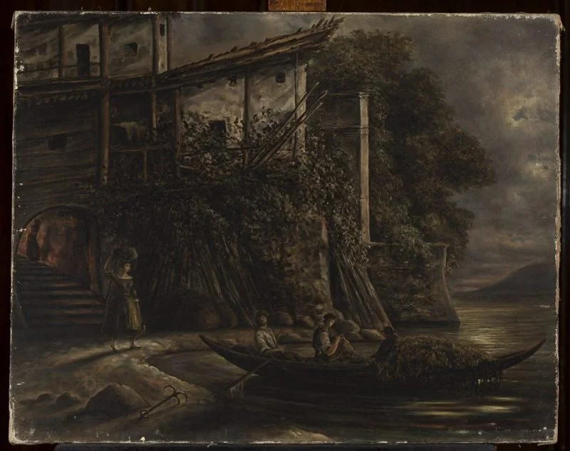 Fishermen embarking at night, by Cyprian Lachnicki, oil, 1874