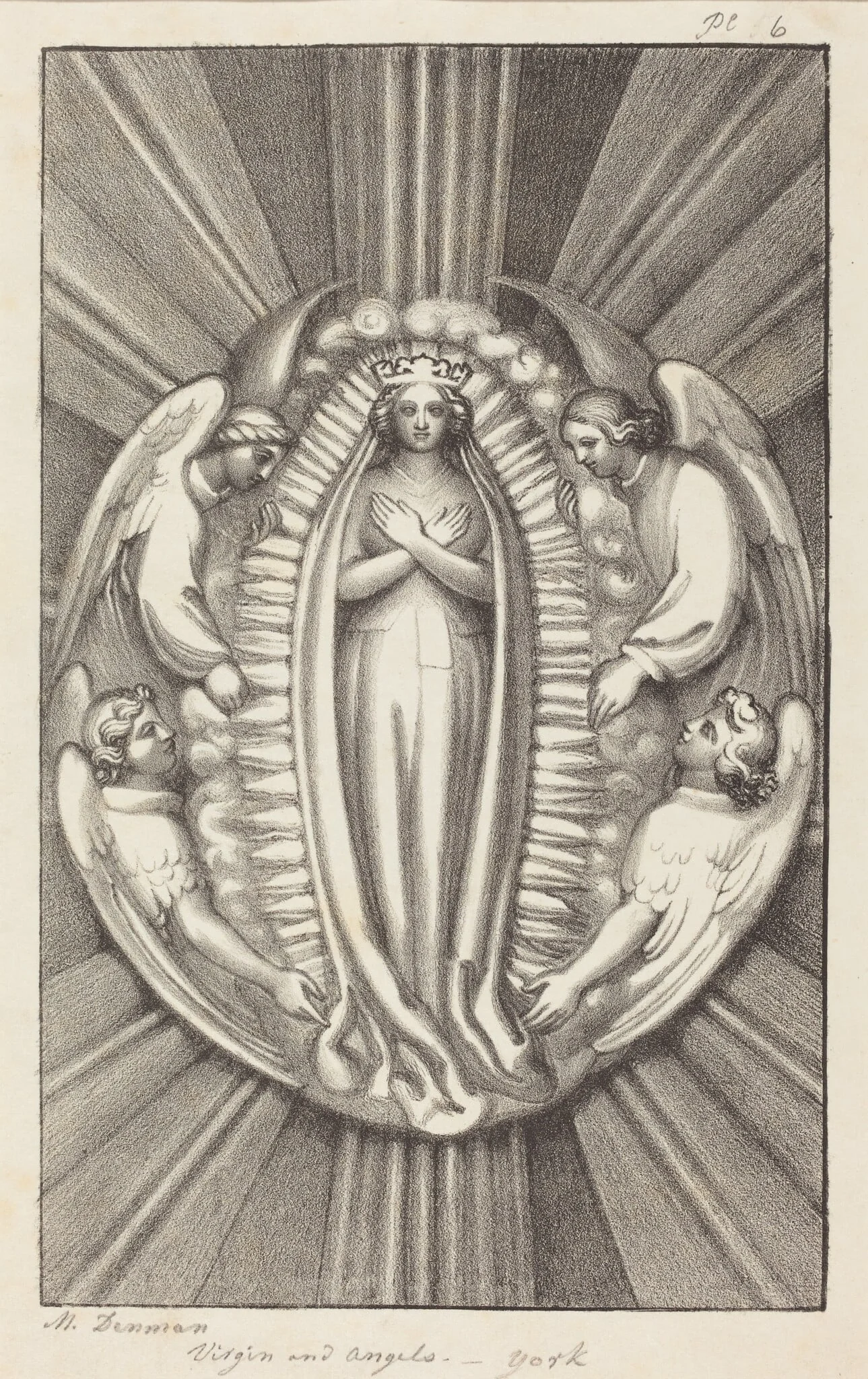 Virgin and Angels, a Key Stone in York, by Maria Denman, ink, 1829