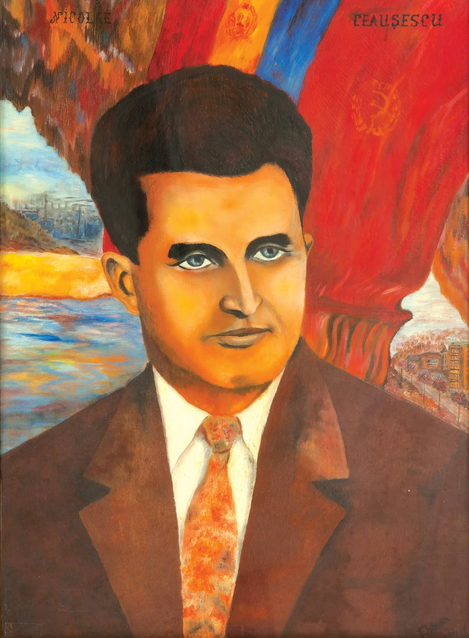 Tablou, ulei pe pânză, ”Portret Nicolae Ceaușescu”, nesemnat, atribuit lui Teodor Istrati. Portret Nicolae Ceaușescu pe fundal steagul cu stema R.S.R. și steagul cu sigla P.C.R., elemente de peisaj urban, inscripție cu majuscule în partea de sus ”NICOLAE CEAUȘESCU”. Oferit de autor lui Nicolae Ceaușescu, București, 25 iunie 1971., by Teodor Istrati