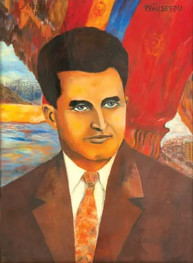 Tablou, ulei pe pânză, ”Portret Nicolae Ceaușescu”, nesemnat, atribuit lui Teodor Istrati. Portret Nicolae Ceaușescu pe fundal steagul cu stema R.S.R. și steagul cu sigla P.C.R., elemente de peisaj urban, inscripție cu majuscule în partea de sus ”NICOLAE CEAUȘESCU”. Oferit de autor lui Nicolae Ceaușescu, București, 25 iunie 1971.