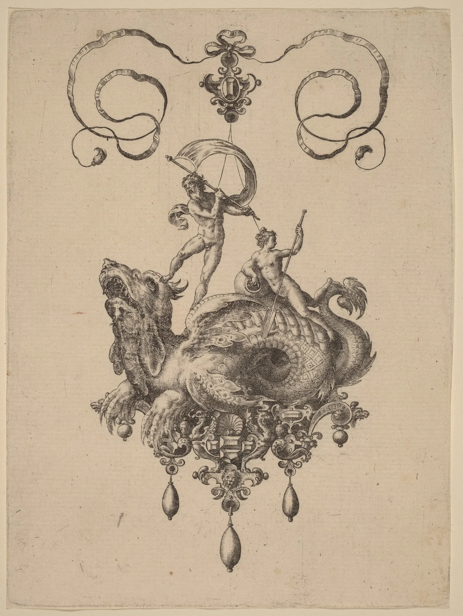 Design for a Pendant with a Sea-Monster Carrying Thetis and a Man with a Sail, by Adriaen Collaert, ink, 1582