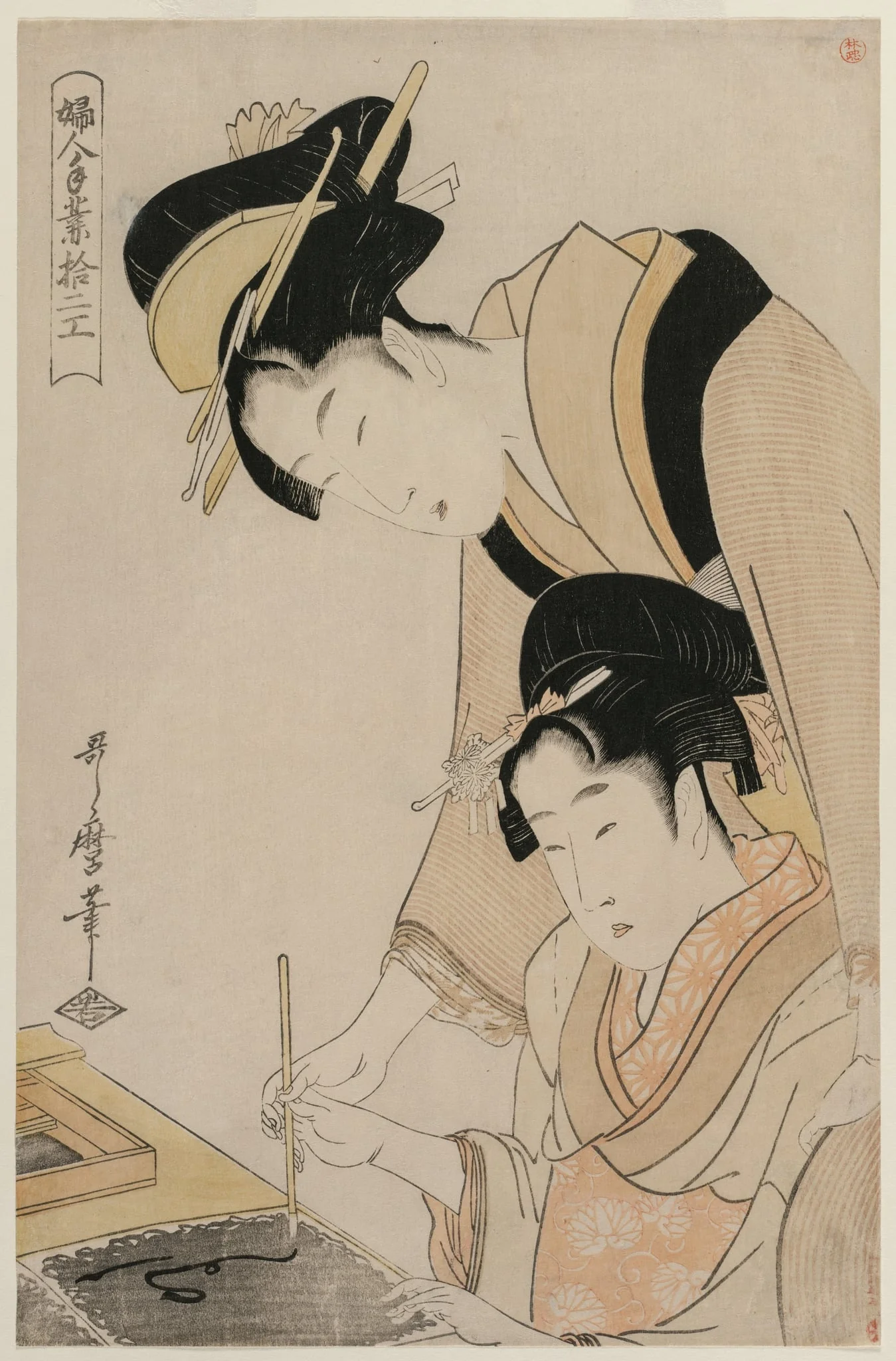 Mother Teaching her Daughter Calligraphy, from the series, Twelve Occupations of Women, by Kitagawa Utamaro, 1798