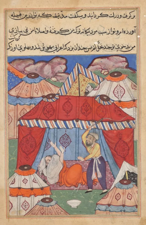 The disguised Arab, substituting for Habbaza, is whipped by her husband for refusing a bowl of milk, from a Tuti-nama (Tales of a Parrot): Twenty-fourth Night, by Unknown, unspecified, 1560