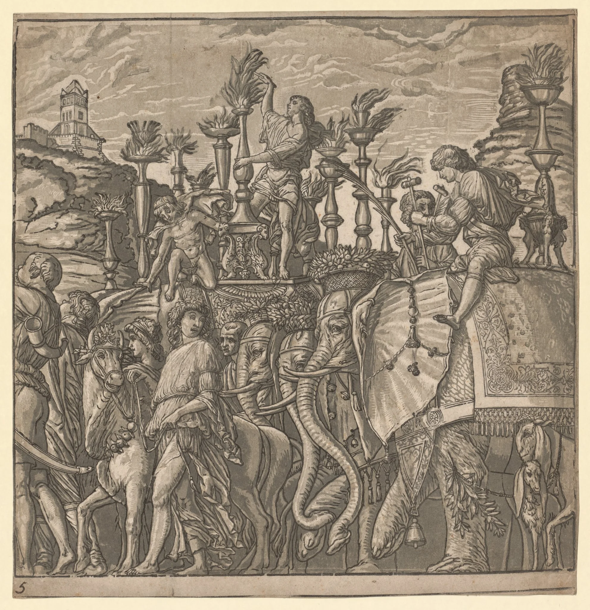 The Triumph of Julius Caesar: Elephants Carrying Torches, by Andrea Andreani, 1596