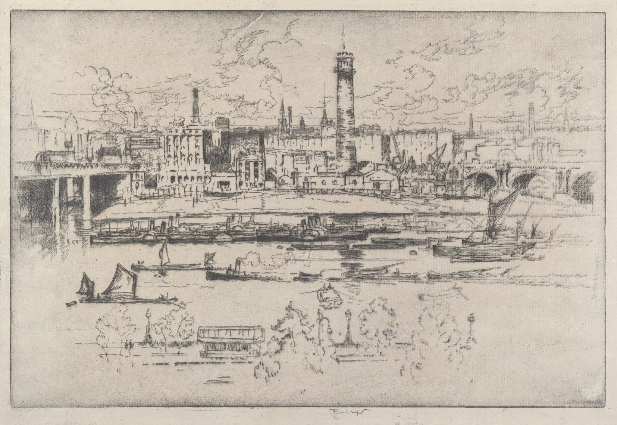 Shot Tower between the Bridges, by Joseph Pennell, ink, 1910
