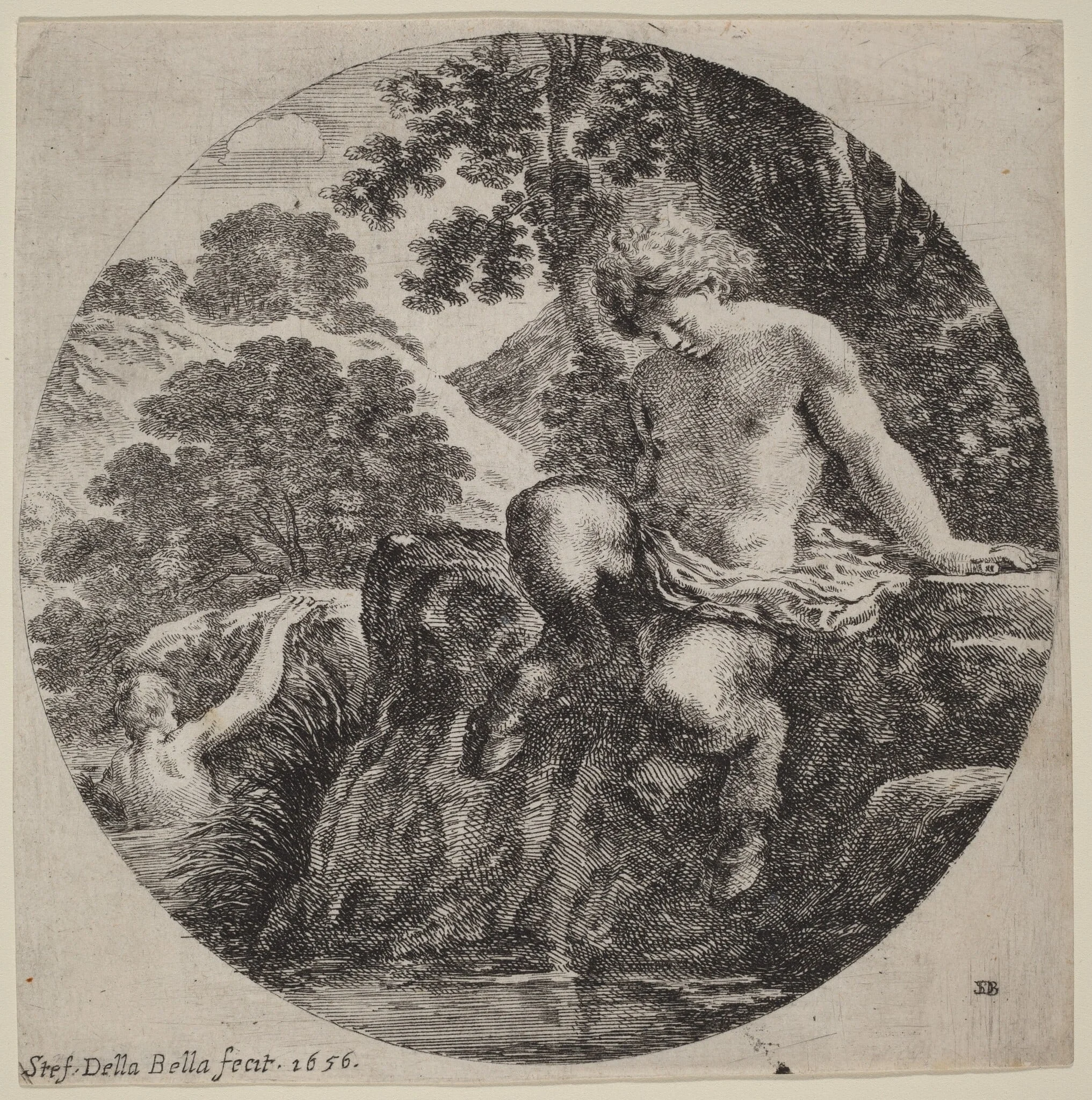 Young Satyr at the Bank of a Stream, by Stefano Della Bella, ink, 1656