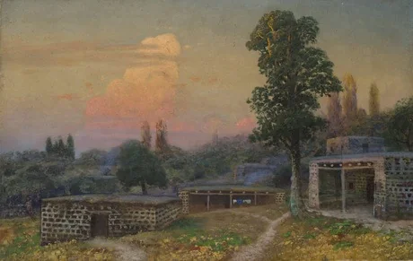 Armenian village at sunrise, by Gevorg Bashinjaghian, oil, 1925