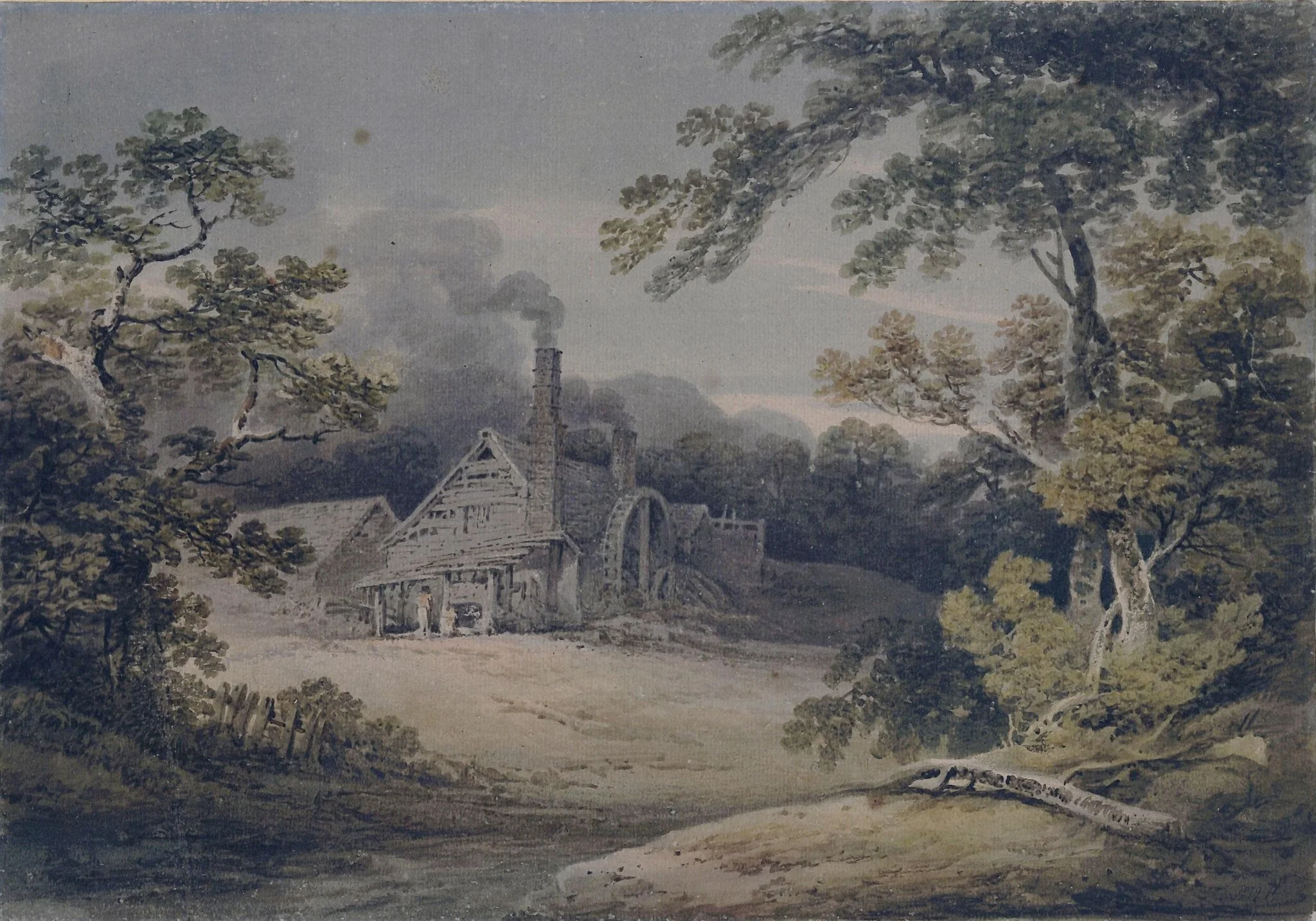 Landscape with cottage and waterwheel, by Richard Sasse, watercolor, 1800