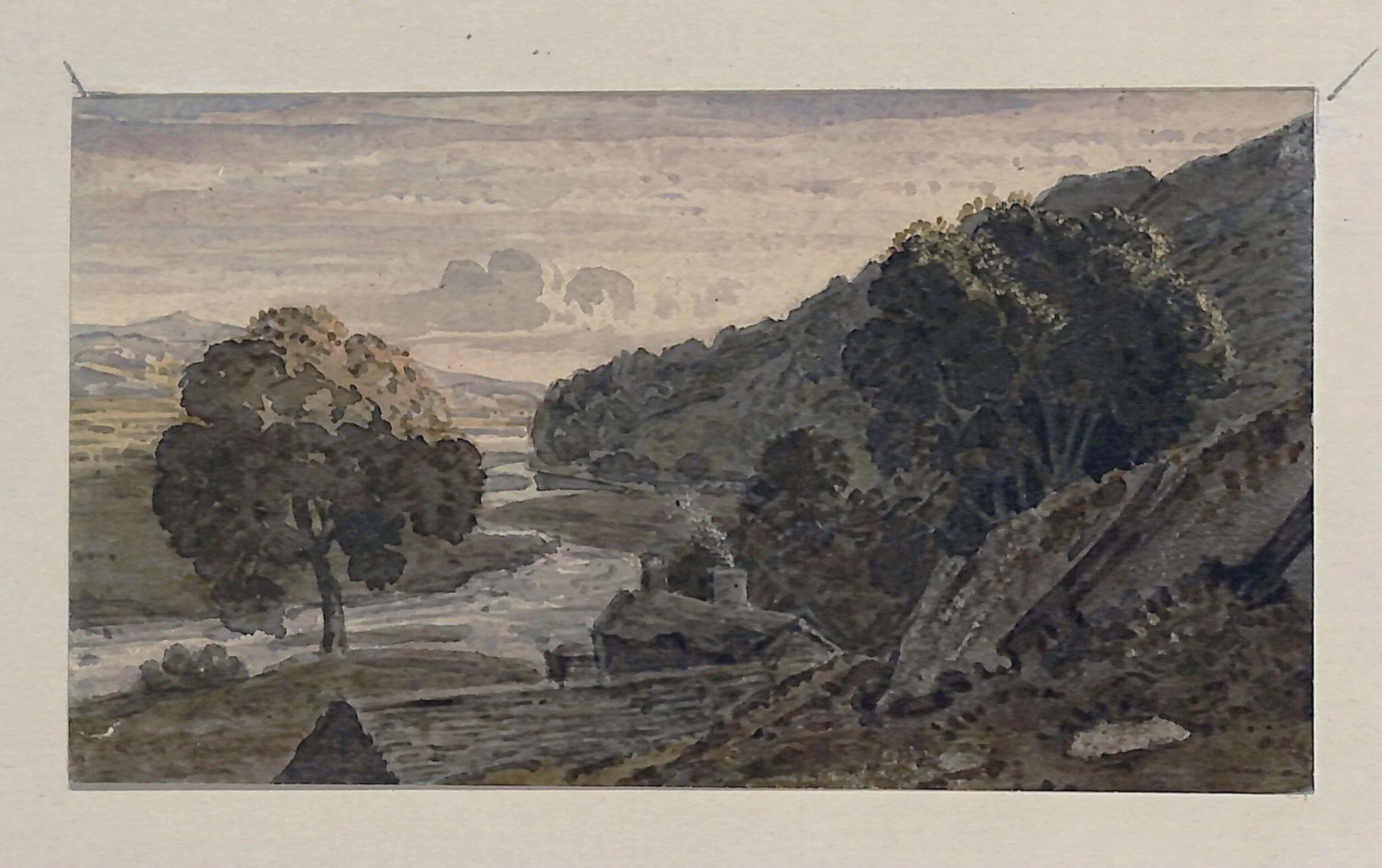 Landscape, with a wiinding river - evening, by George the younger Barret, watercolor, 1767