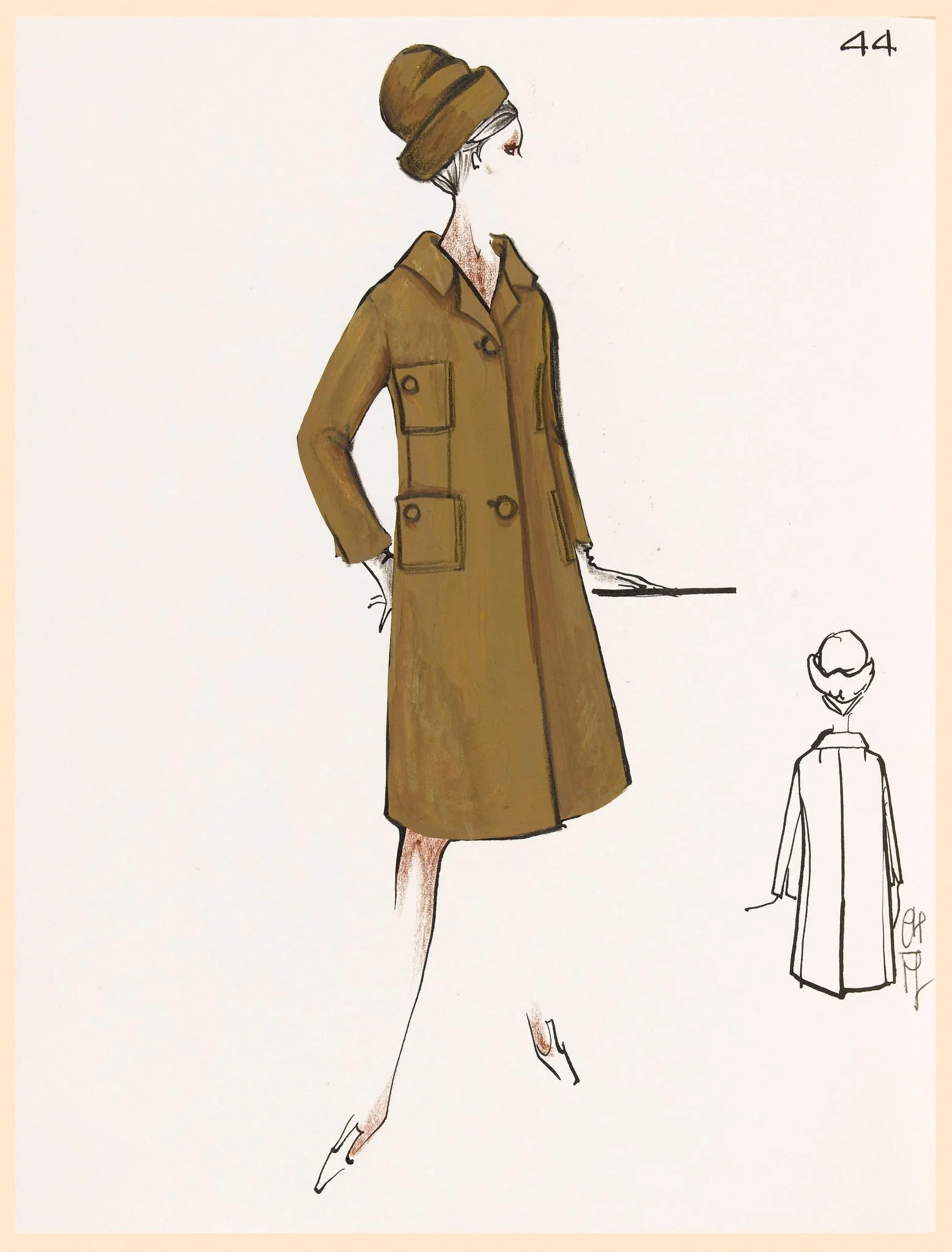 Manteau marron à quatre poches et chapeau assorti, by Carven, 1967
