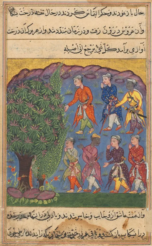 Seven men disputing possession of a woman bring her before the Tree of Justice into which she is absorbed, from a Tuti-nama (Tales of a Parrot): Sixth Night