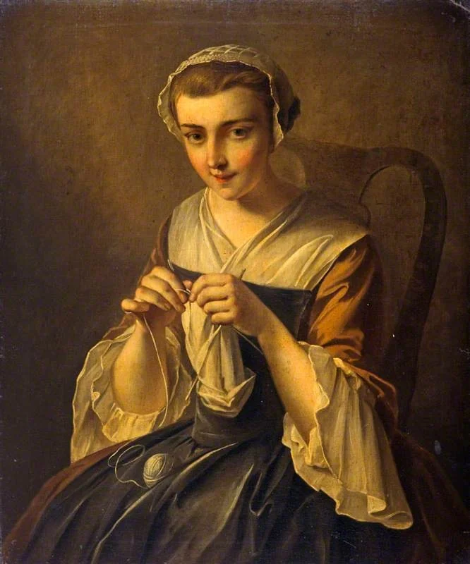 A Girl Knitting, by Philippe Mercier, oil, 1724