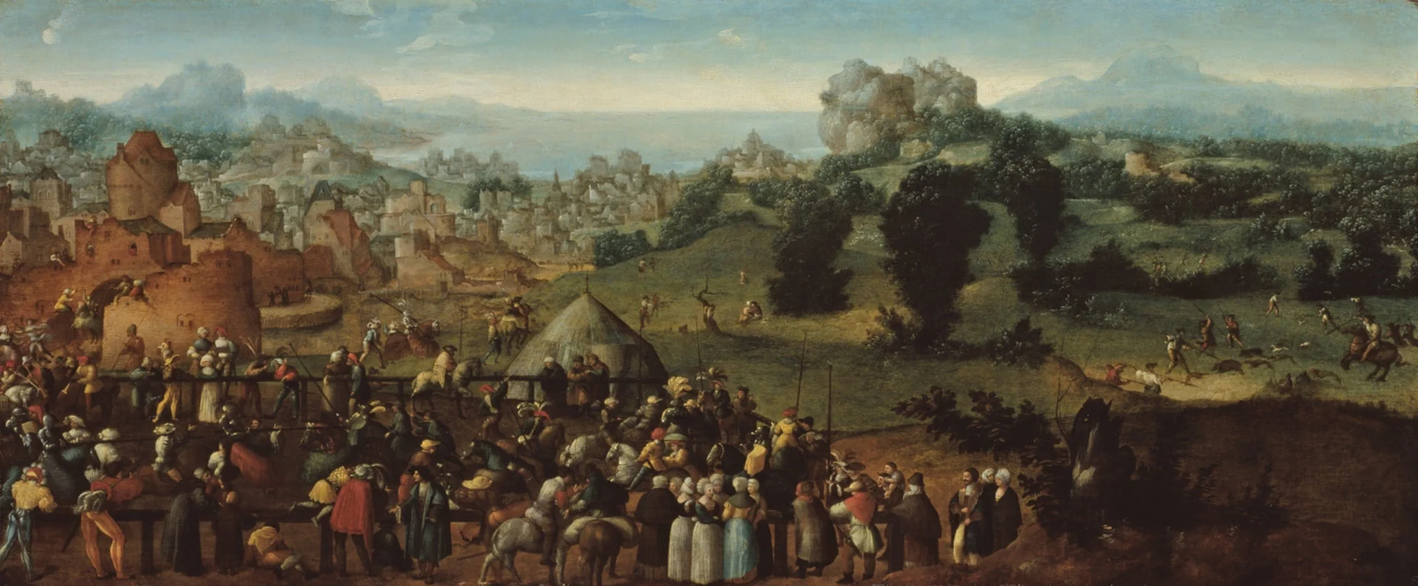 Landscape with Tournament and Hunters, by Jan van Scorel, oil, 1520