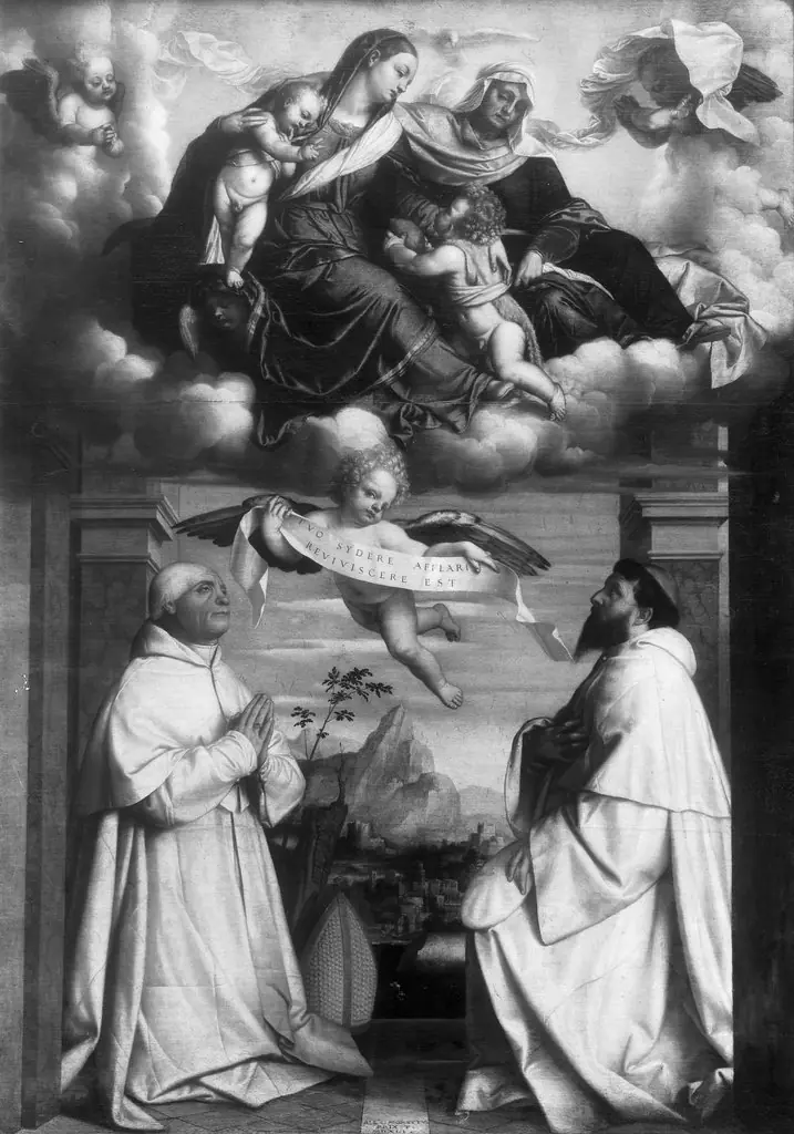 Mary, Elisabeth, the child and the young st. John in glory, adored by two monks in white religious costume
