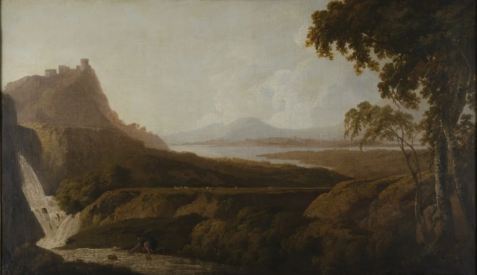 Italianate Lake Scene with Waterfall, by Joseph Wright of Derby, oil, 1800