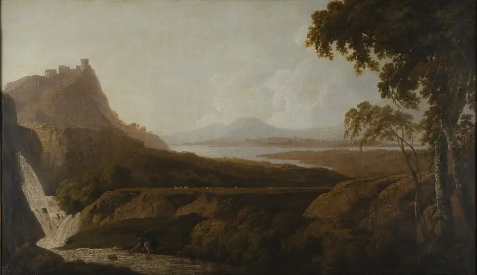 Italianate Lake Scene with Waterfall