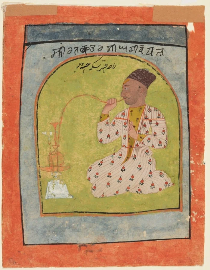 Posthumous portrait of Raja Chhatar Singh of Chamba smoking a hookah, by Unknown, unspecified, 1700