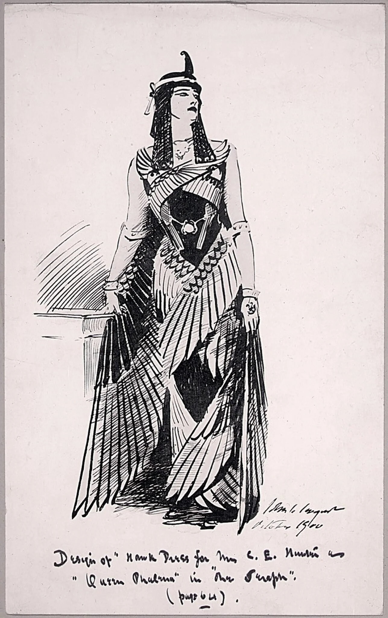 Design for Hawk Dress for Mrs. C.E. Hunter as Queen Phalema in "The Seraph", by John Singer Sargent, 1900