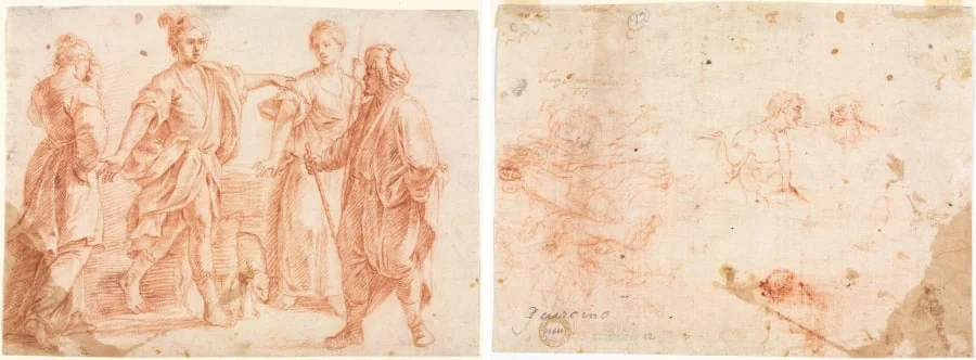 Jacob and Laban with Rachel and Leah (recto); Sketch of Two Men and Other Various Figures (verso), by Unknown, 1604