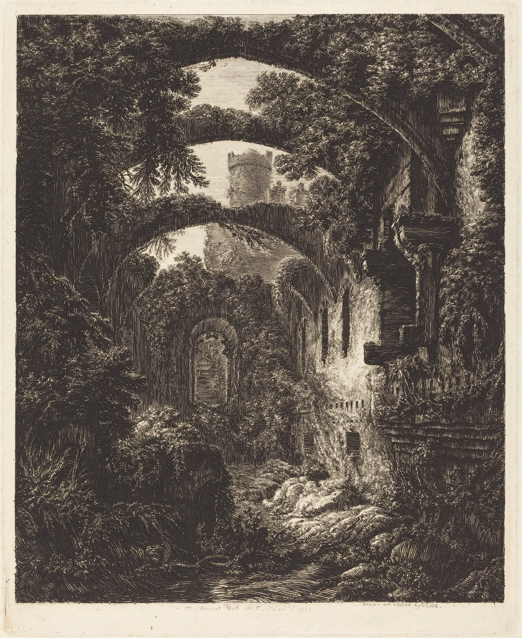The Great Hall at Conway Castle, by George Cuitt the Younger, ink, 1816