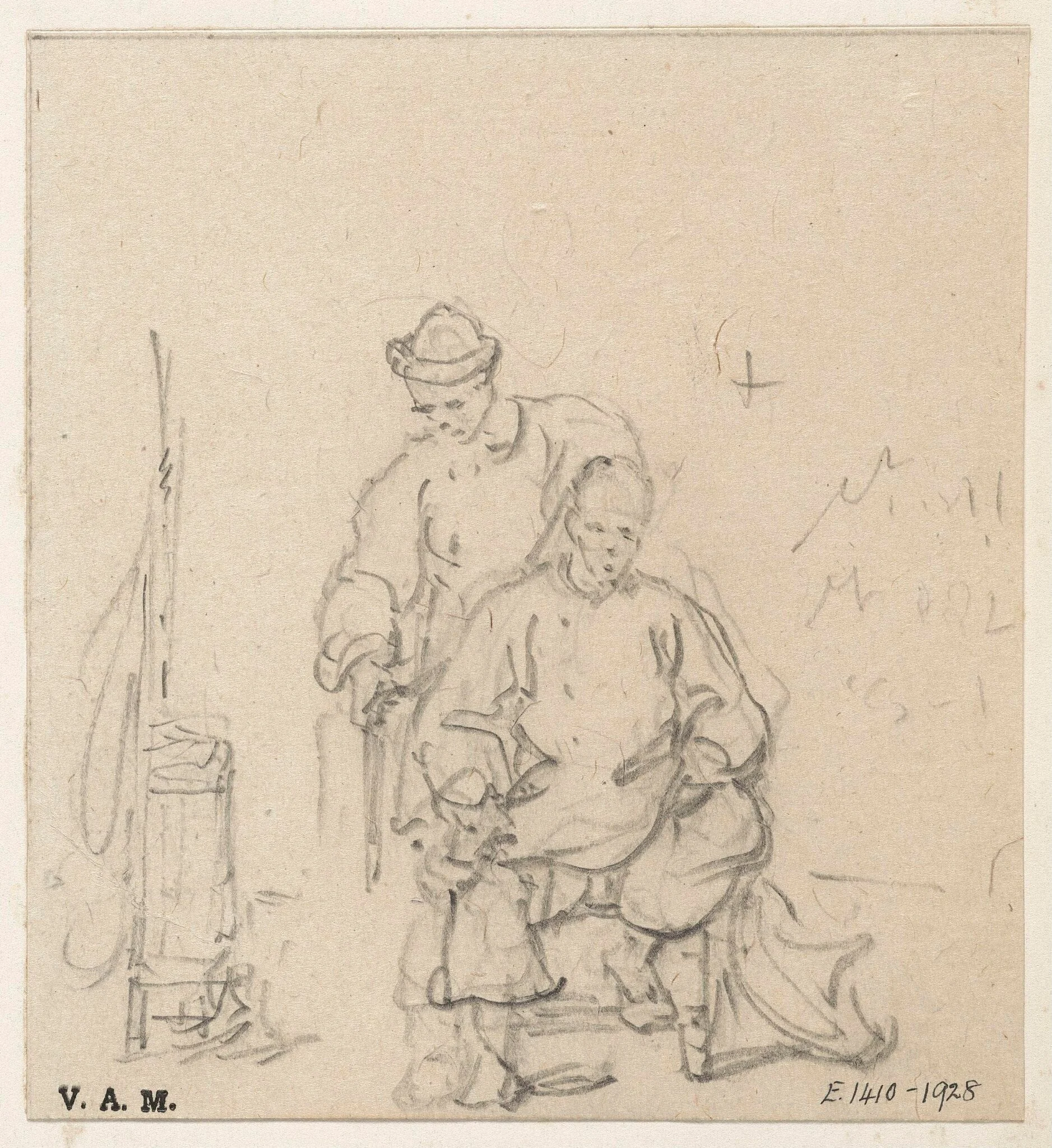 A barber standing behind his customer, by George Chinnery, 19