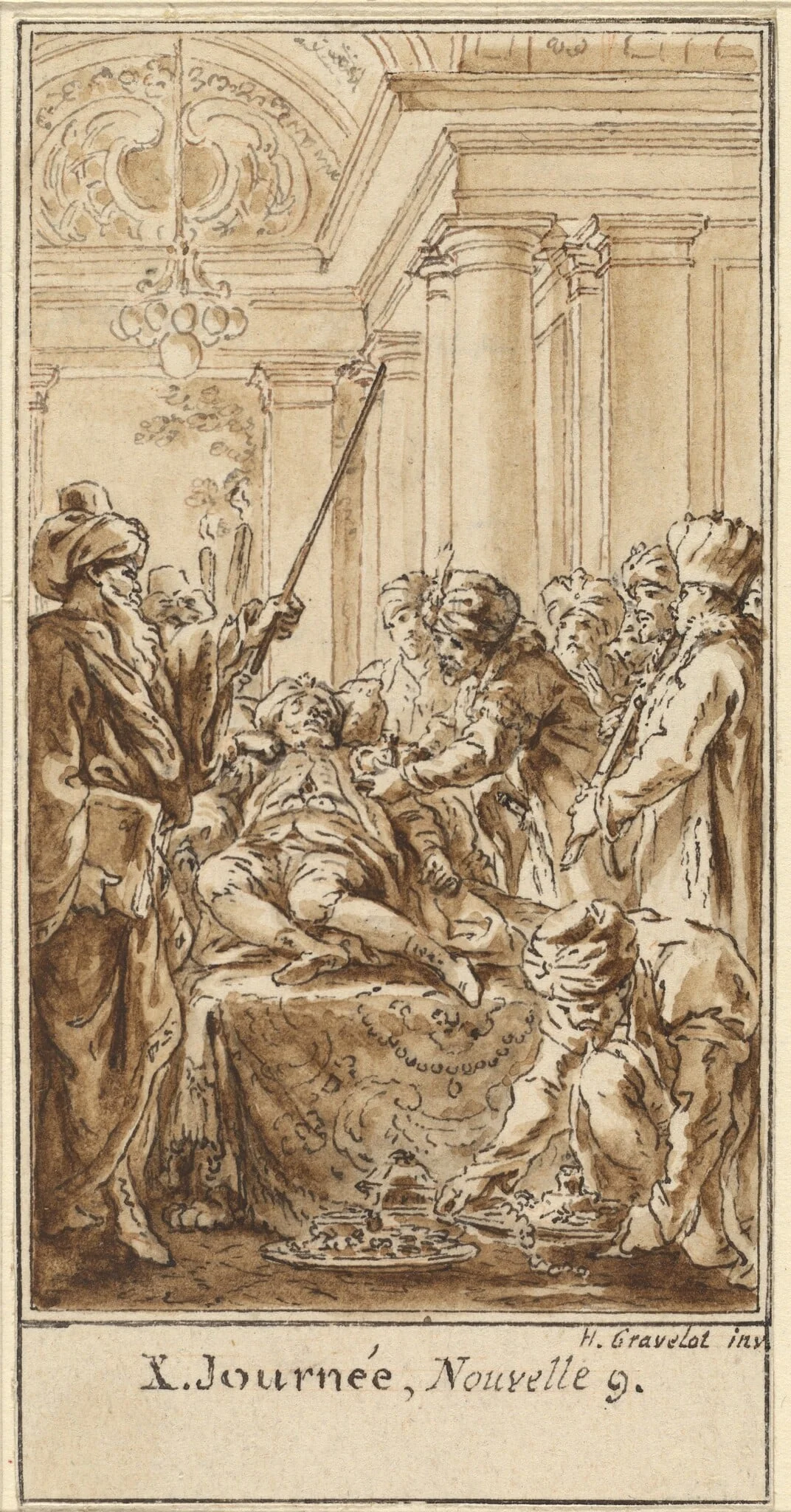 Tenth Day, Ninth Story: Saladin Bestows Rich Gifts on the Sleeping Torello, by Hubert François Gravelot, ink, 1757