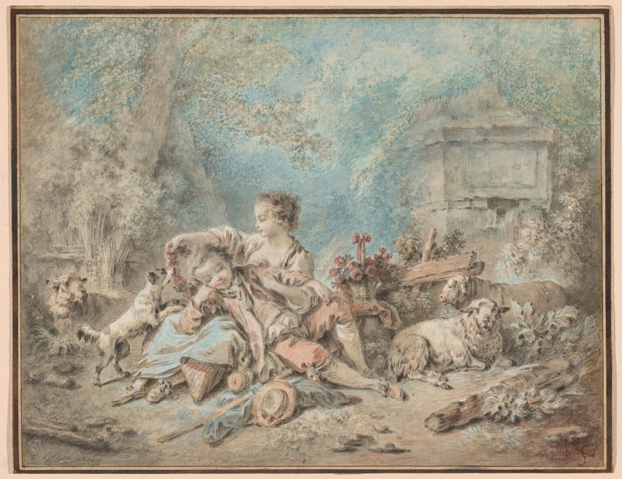 A Shepherd and a Shepherdess Resting, by Jean-Baptiste Hüet, watercolor, 1772