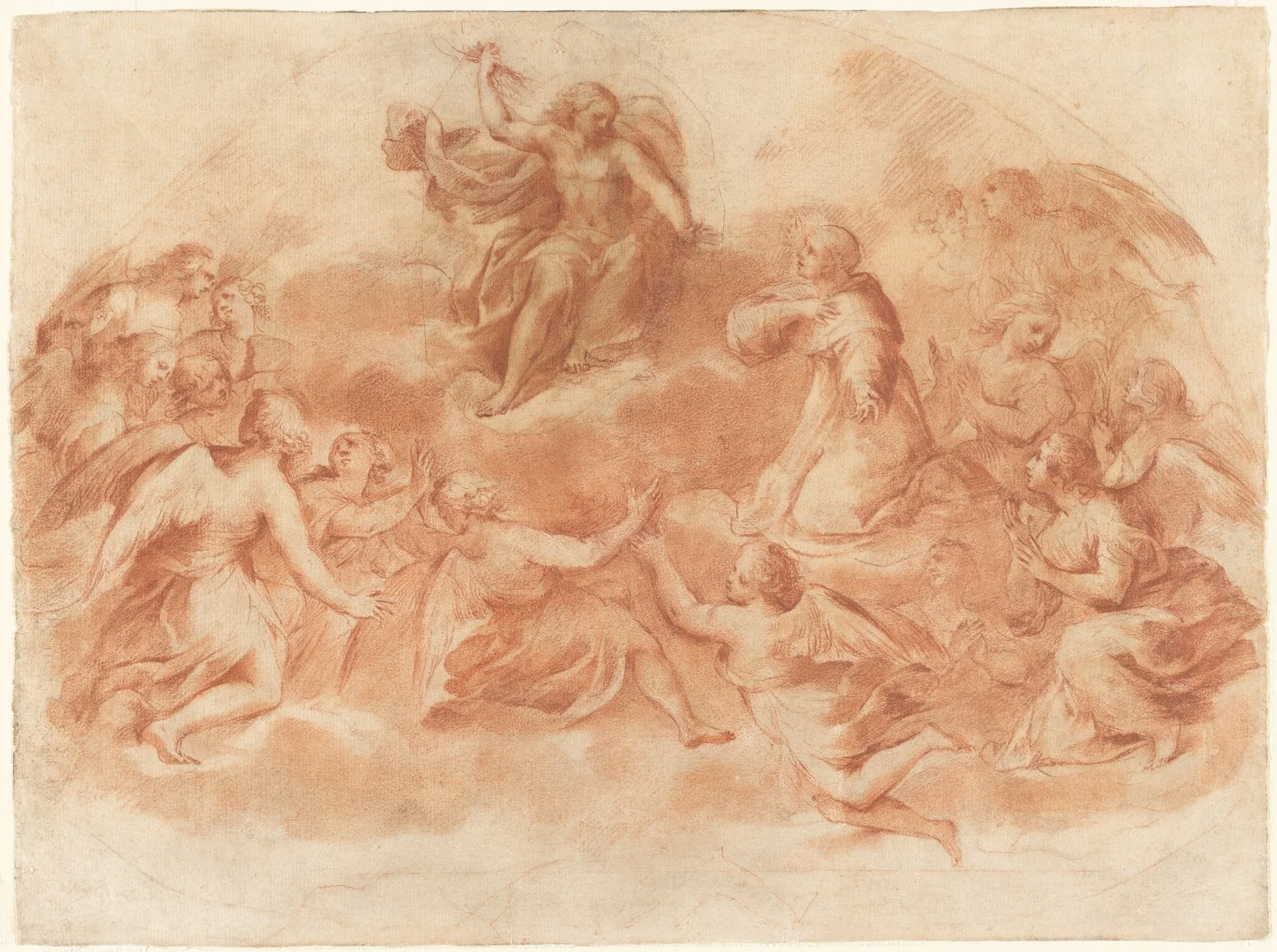 Christ in Glory with Angels and a Saint Kneeling in Adoration, by Francesco Allegrini, chalk, 1655