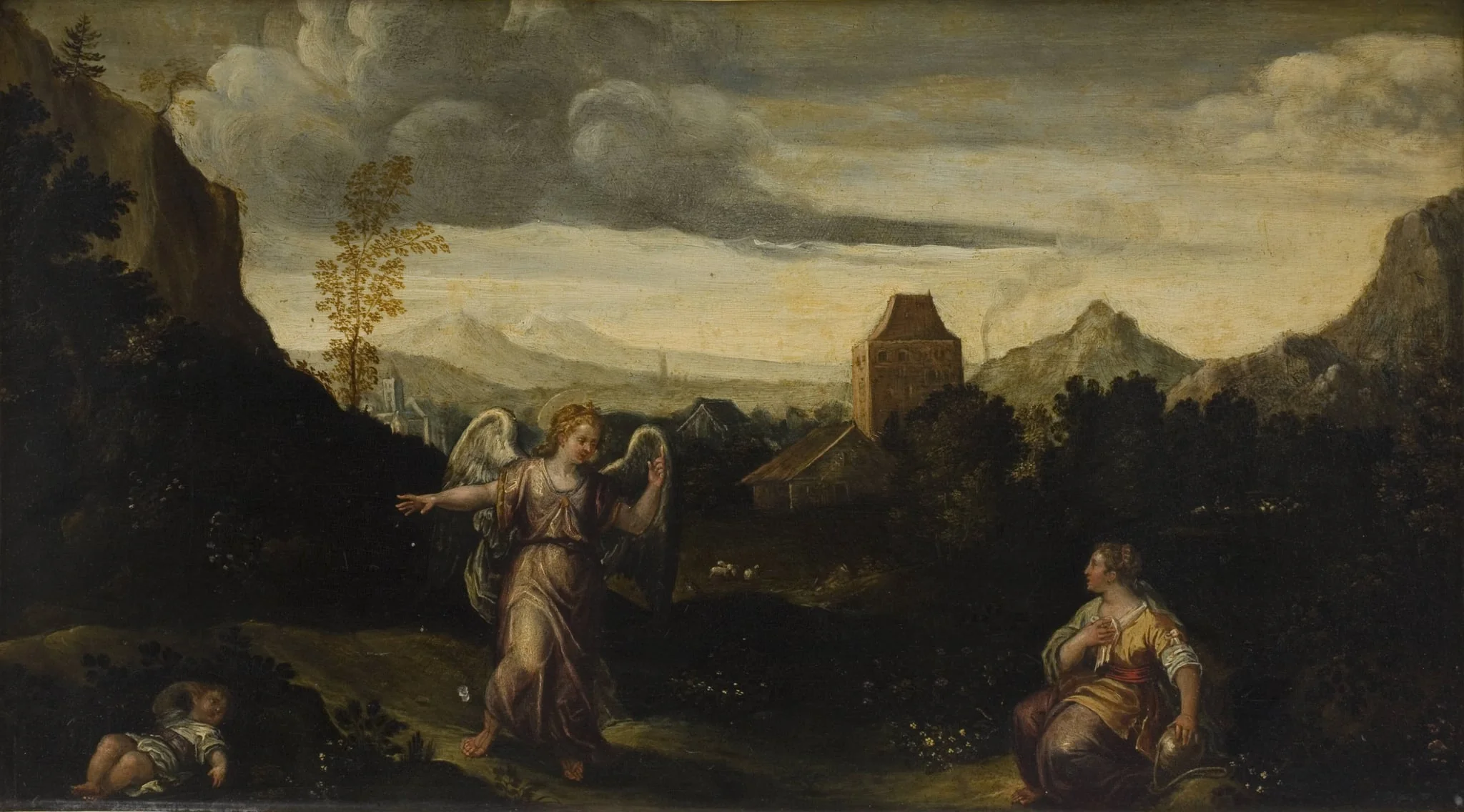 Italiensk landskab, i forgrunden Hagar, Ismael og en engel, by Unknown, 1848
