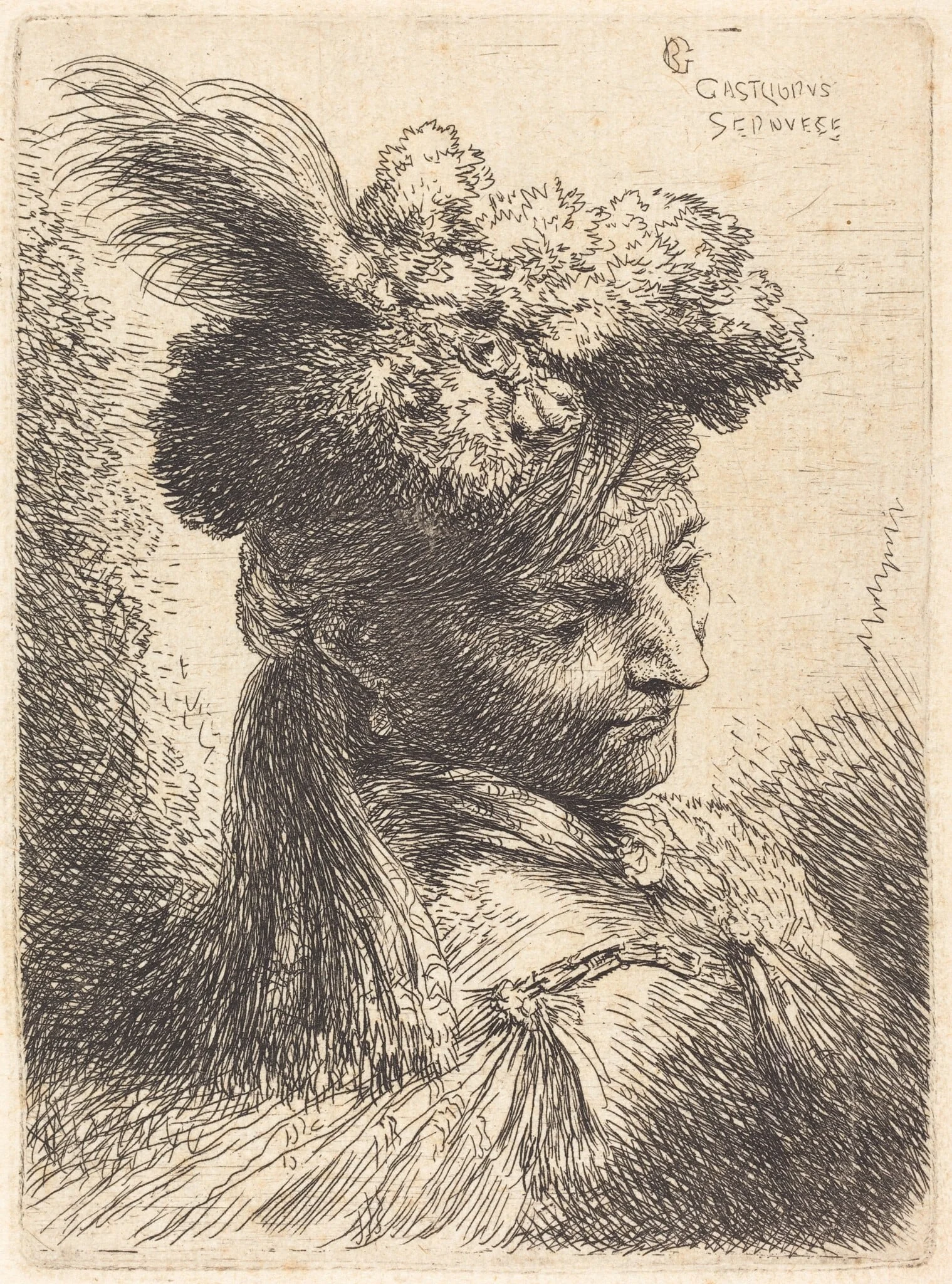 Young Man Wearing a Fur Headdress with a Headband, Facing Right, by Giovanni Benedetto Castiglione, ink, 1646